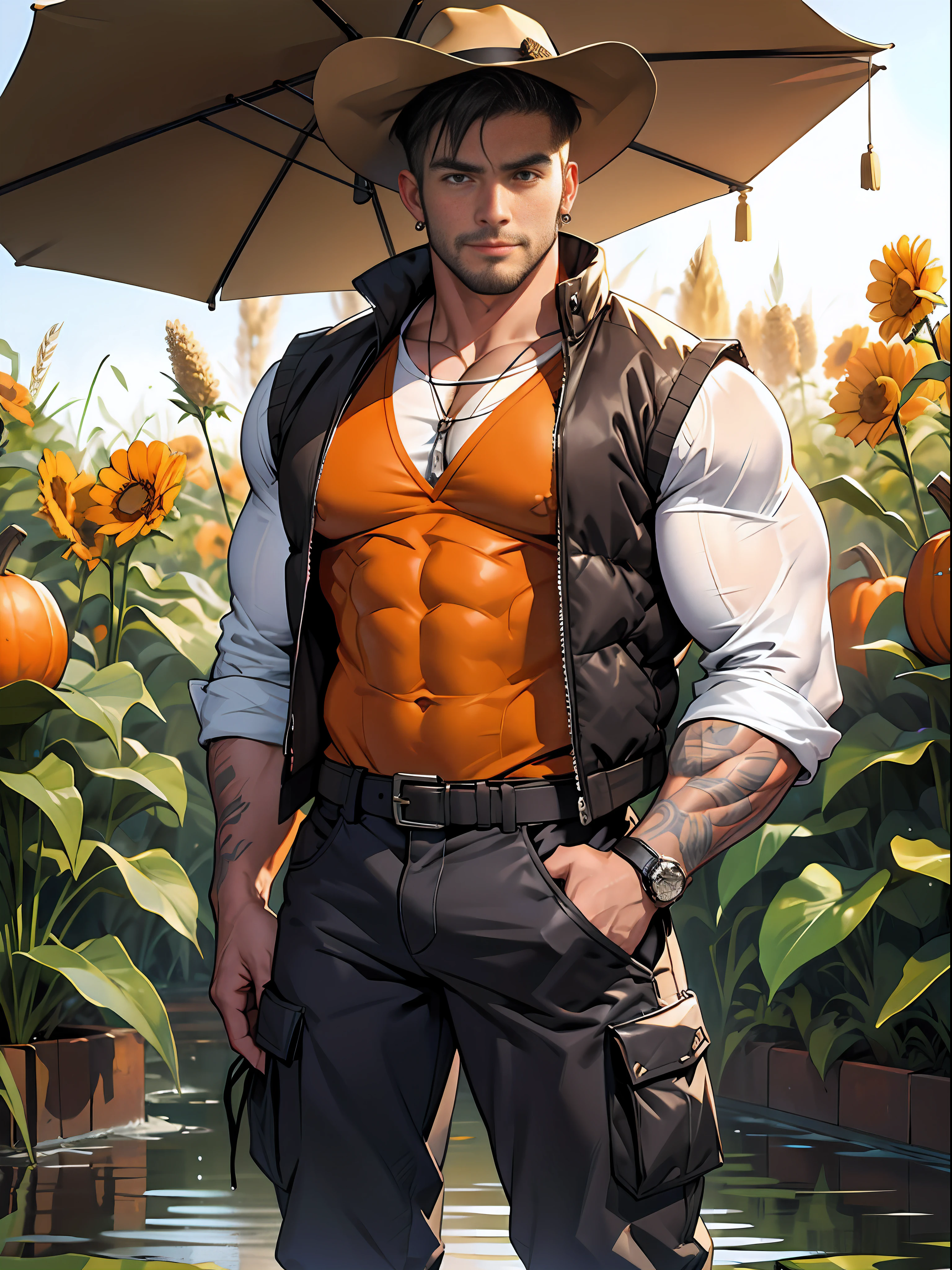 Hombre, cabeza de calabaza, muscular