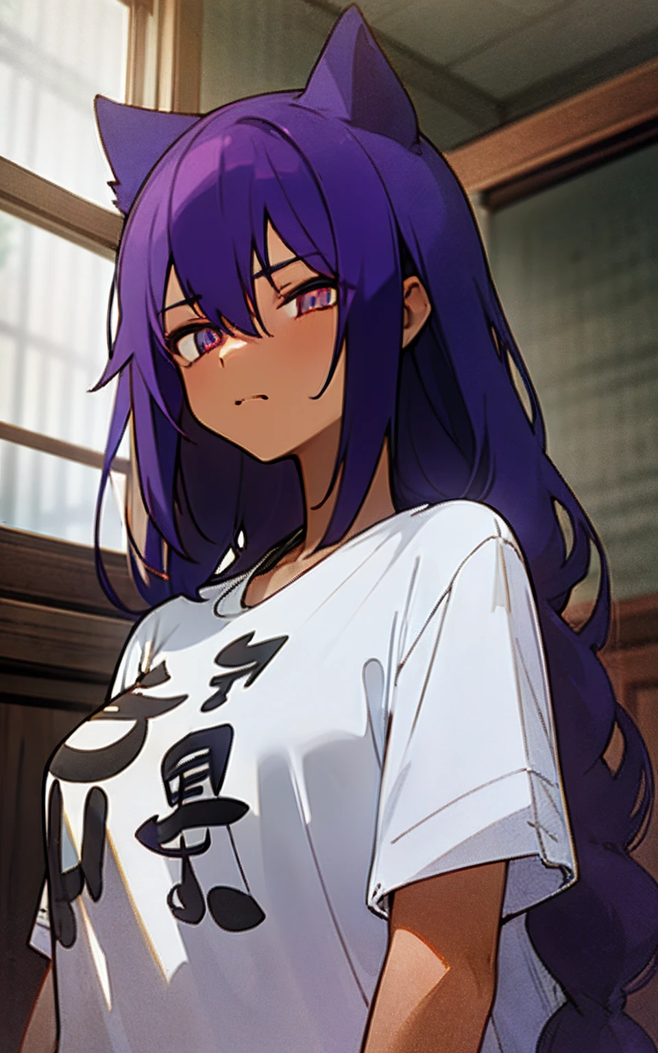 masterpiece, best quality, (delicate eyes and face), volumetric light, ray tracing, extremely detailed CG unity 8k wallpaper, jahysama, 1girl, very long hair, shirt, blank shirt, short sleeves, cowboy shot, shaded face, facing forward, purple cat ears,