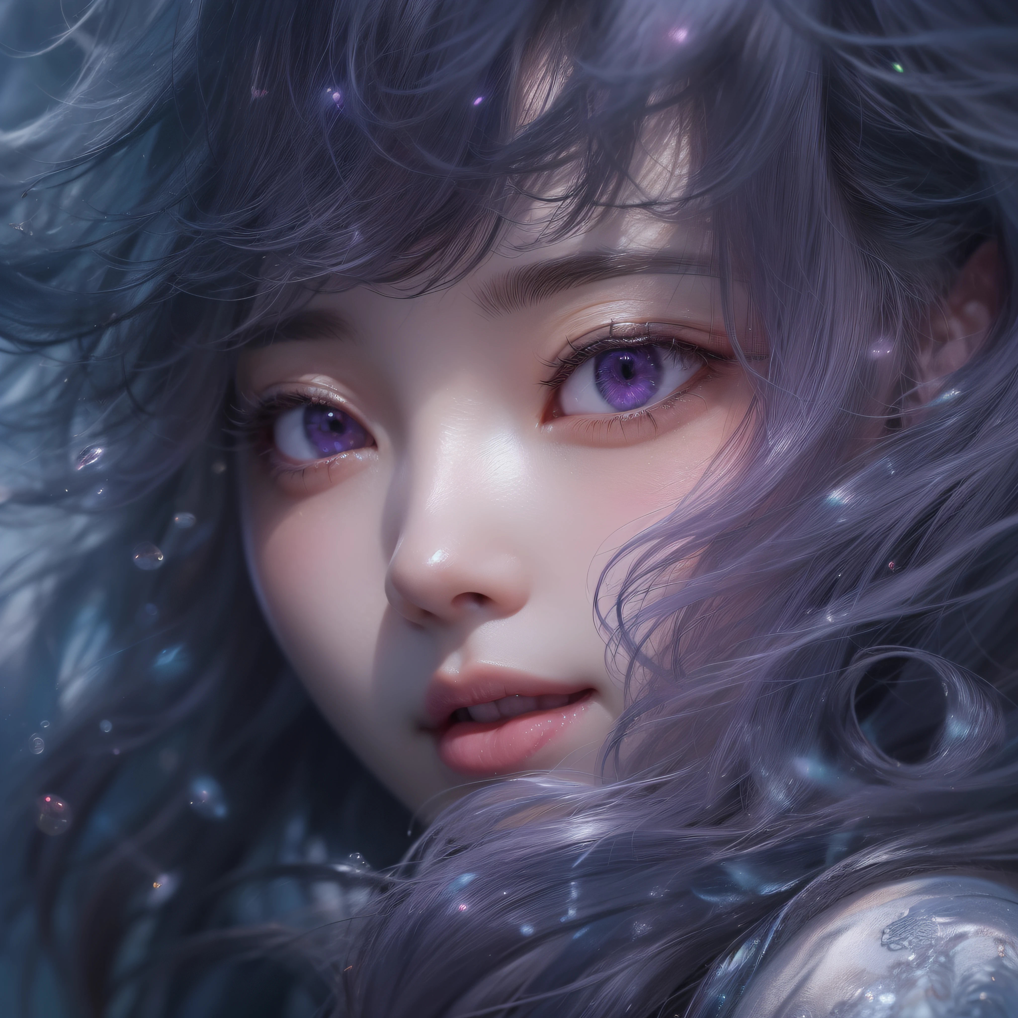 Close up of purple smile with open mouth、(realisitic、hight resolution)、(1 girl in)、Do-Up Eye、Korean Girl、(Best Quality), (masutepiece), (1girl in), Solo, a beauty girl, Perfect face, Big Breast,dreamlikeart、Highly detailed airbrush art((Surreal))、Volumetric lighting、(top-quality)、The ultra-detailliert、(The composition of the movement:1.4)、Highly detailed colorful details、(Bright lighting)、dynamic compositions、Ray traching、The mirror reflects light、Shallow depth of field、ultra-detailliert、mixing  exposure、nffsw、Her eyes glow purple、Staring at the purple sea。Her purple face is、Full of adventure anticipation and courage.、A smile appears on her purple lips。 At the rear、The sun is slowly tilting to the west。Its light brings purple light to the surface of the sea、The swaying waves create a beautiful scene。Her eyes are clearly glowing purple。Lots of purple、