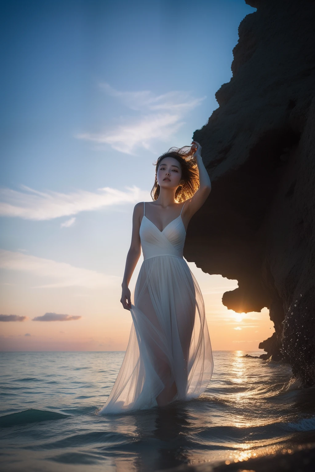 （in 8K)、top-quality、​masterpiece、超A high resolution)　Under the sea、Half of the body is used、White dress、A Japanese Lady、Wet、Looking up、sunset、artistic