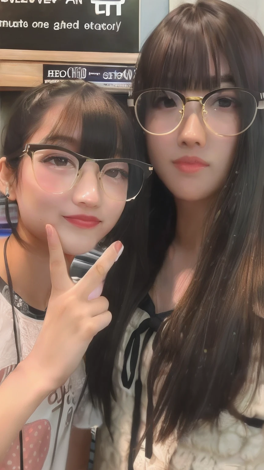 there are two girls that are posing for a picture together, ulzzangs, Girl with glasses, 8K selfie photo, clear cute face, very low quality, cute - fine - face, Larisa Manobal, very low quality, wearing thin large round glasses, ruan cute vtuber, ( ( eye glasses ) ), jaeyeon nam, bespectacled