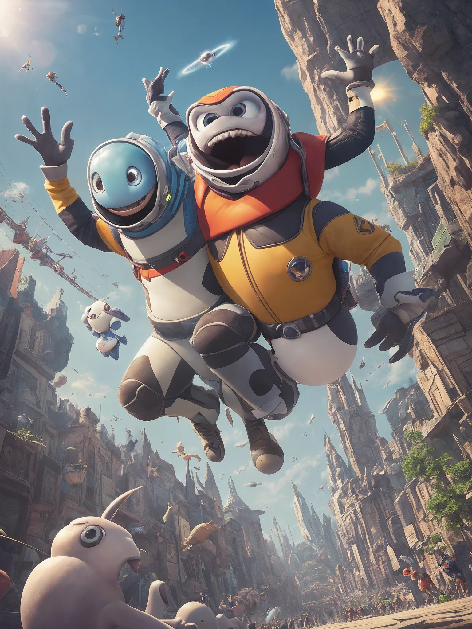 A very dynamic scene. Planet Plug. Funny crowd of very funny jumping alien animals and humanoids, jumping and having fun for a group photo, close-up, Very funny and diverse in shape and size animals and humanoids, Disney Pixar style, super realistic, cinematic, Dark blurred background, light haze. --auto --s2