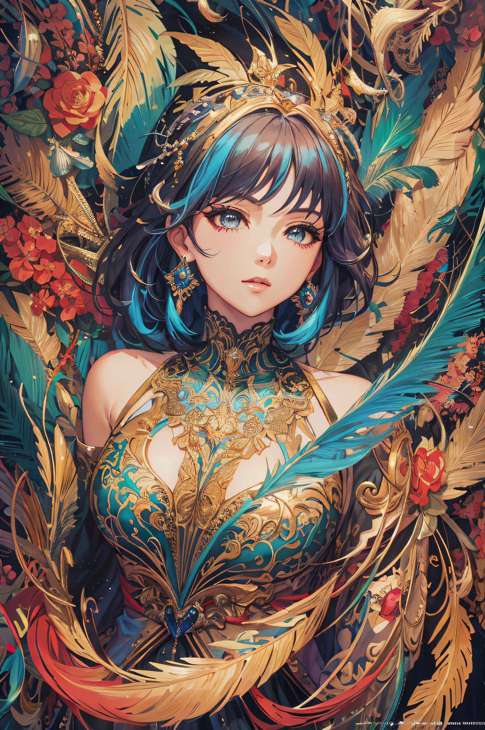 a close up of a woman with a blue hair and a gold dress, detailed digital anime art, extremely detailed artgerm, 8k high quality detailed art, artgerm. anime illustration, anime fantasy illustration, detailed anime artwork, 8k stunning artwork, anime fantasy artwork, detailed anime art, artgerm on artstation pixiv