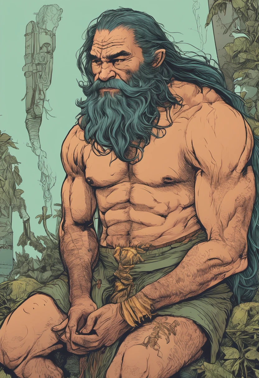 old naked asian elf, with long hair and long beard, with exposed penis and hairy muscular body, sitting on couch with spread legs, urinating and defecating