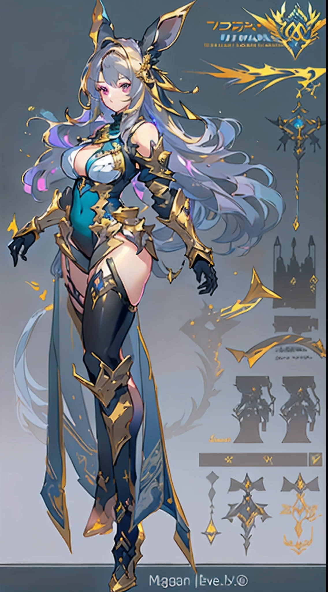 Design a layout showcase Gaming character, ((1girl)), assasin:1.4, Golden+Purple clothes, (big_boobs, big_ass), Black_Desert_style, stylish and unique, ((showcase weapon:1.4)), magic staff, (masterpiece:1.2), (best quality), 4k, ultra-detailed, (Step by step design, layout art:1.5), (luminous lighting, atmospheric lighting), Final Fantasy style, magican, ((glove full hands)), fran, viera, (((revealing clothes:1.3))), vambraces, armored legwear, (((full_body_shot:1.4))), Niji, back_view, T_pose, levitating, hovering