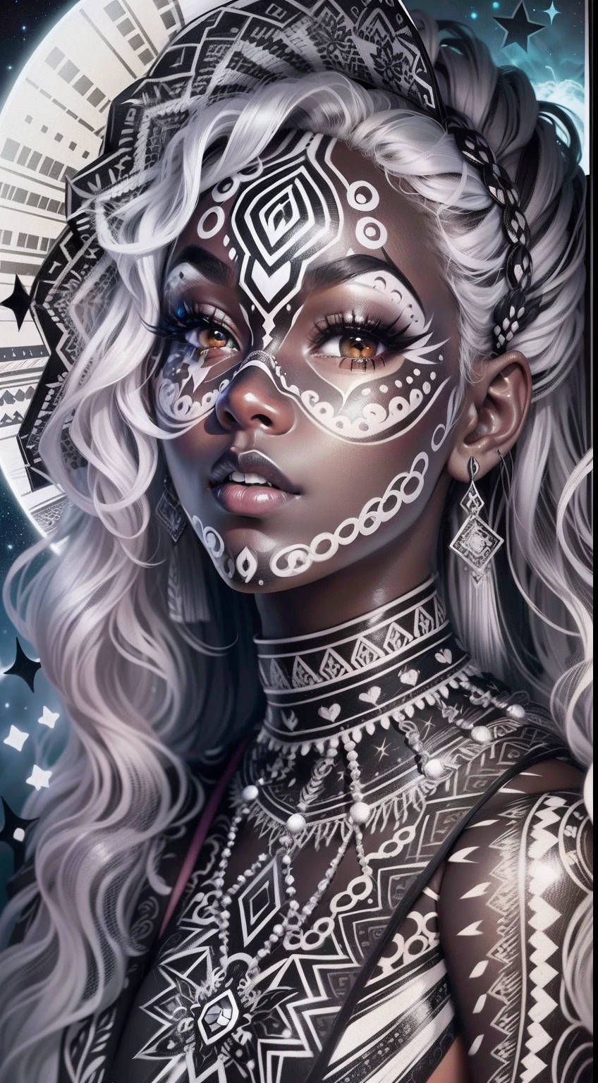 colouring book page, black and white, 32k, full body view, very beautiful tribal brown skin girl with excessive intricately detailed vivdly black and white facepaint bodypaint makeup, stunning radiant eyes, gorgeous white hair with highlights, magical night sky background