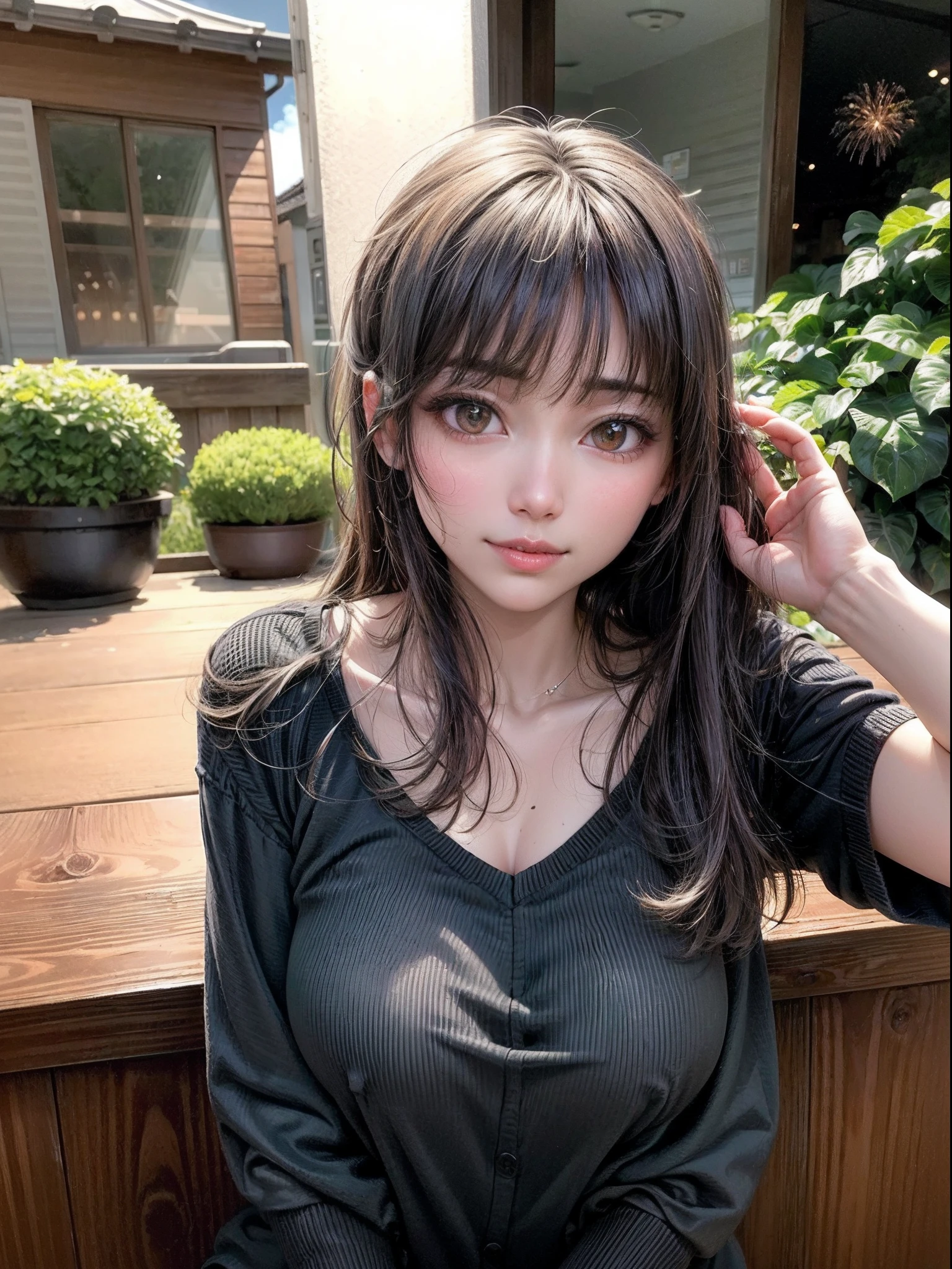Night sky with fireworks, With Van Gogh starry night painting style, Rolling hills in the background, Fireworks,(top-quality、8K、32K、tmasterpiece、hyper HD:1.2)、Photo of a cute Japanese woman、huge tit、Large full breasts、short-hair、The upper part of the body、sface focus、Oversized_Sweater、a necklace、simple background、from the above、looking at viewert、