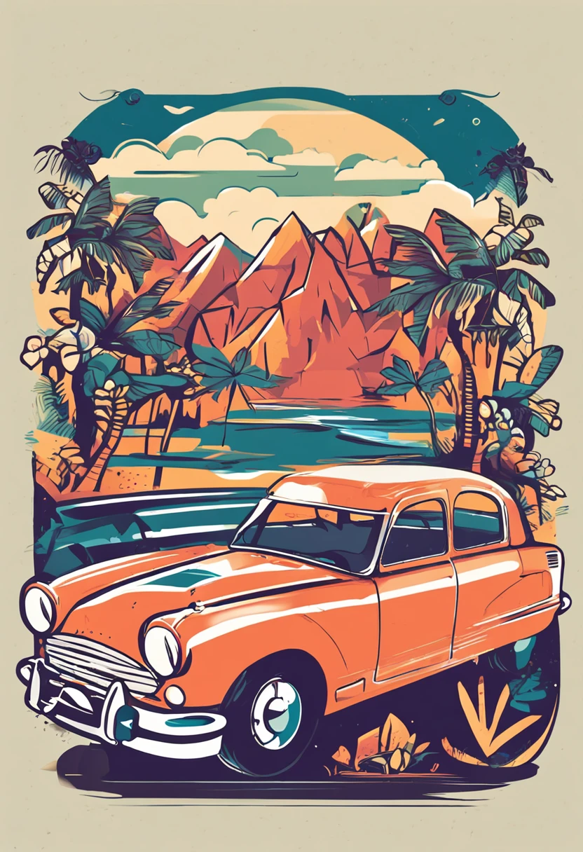 artwork of t-shirt graphic design, flat design of one retro vintage, jaguar, colorful shades, highly detailed clean, vector image, photorealistic masterpiece, professional photography, realistic bus, simple sunrise backdrop for car, flat white background, isometric, vibrant vector, white blackground