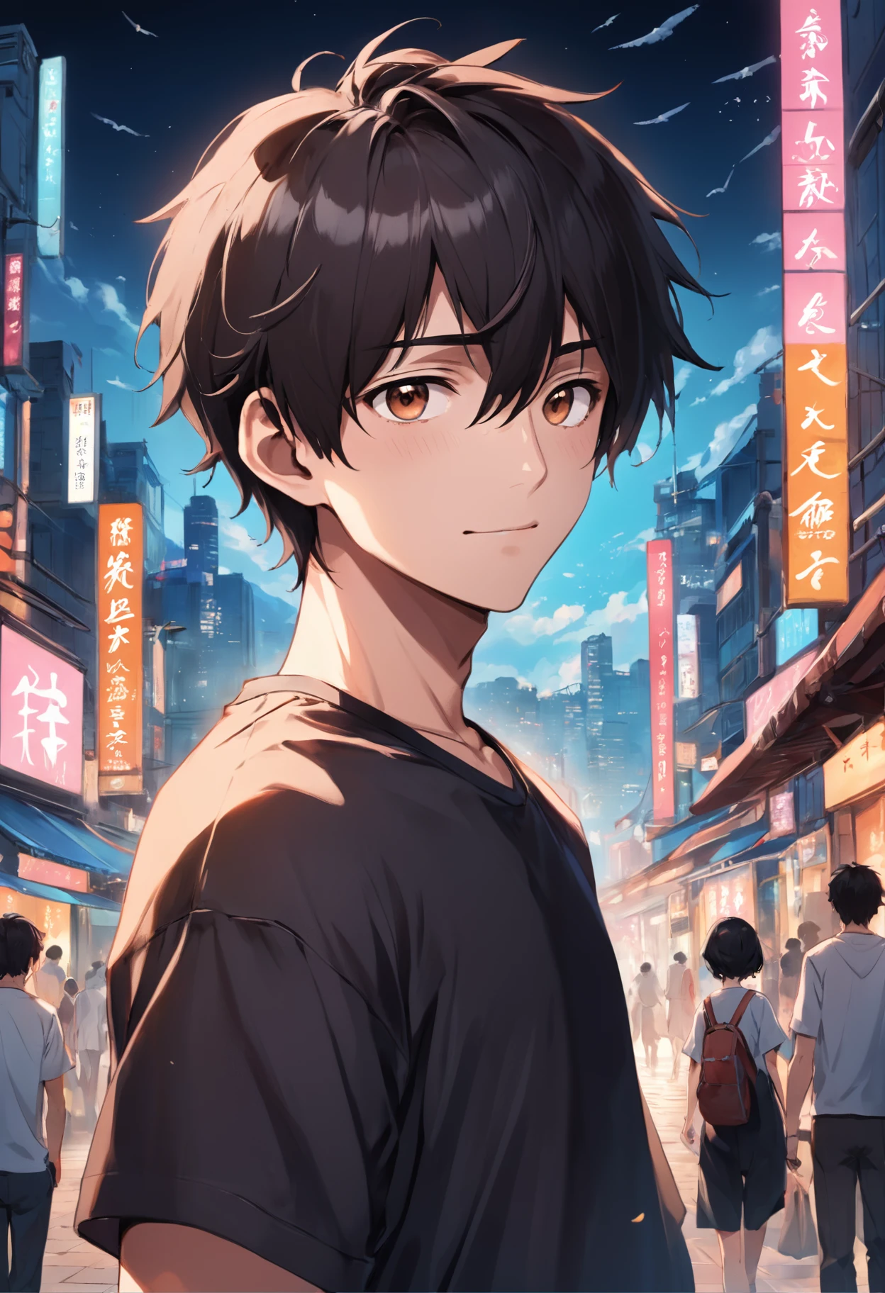 The male，being thin，Short hair, middle parted bangs,  grin, Light smile, The male, Peach blossom eyes, ，Youth, Solid black T-shirt, Black-brown hairstyle, Black brown eyes, being thin, Beach pants, Wear the watch on your hand,Boy high detail, High quality，background skyscrapers，natta，full of lights，Male Figures