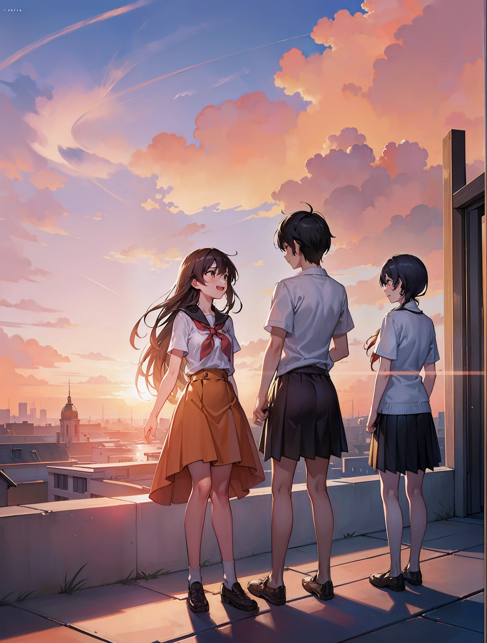 Create exquisite illustrations reminiscent of Makoto Shinkai's style, It has ultra-fine details and top-notch quality. Create captivating illustrations that encapsulate the captivating essence of nostalgia, Featuring a group of students on the roof of a school, Everyone smiles as they gaze at the mesmerizing sunset. The sun hangs low in the sky, Warm golden glow、Light up the scene with a dreamy atmosphere. Sunset dyes the sky a breathtaking orange, Pink, and purples, Create vibrant color panoramas that blend seamlessly in. The happy expressions of the students were:::::、Reflects the awe and amazement when sharing this wonderful moment. Pay close attention to detail, Sunlight dancing in the face、Emphasize the interplay of light and shadow、Enhances the texture of the surroundings. Your job is、Not only captures the serene beauty of the scene、It is about creating images that stimulate the imagination, Invite viewers、Have a meditative and magical experience with these students. Through your artistic mastery, Turn your rooftop into a canvas of nostalgia and wonder, Where shared views of the sunset foster a deep connection with friendship and fleeting beauty of the moment.