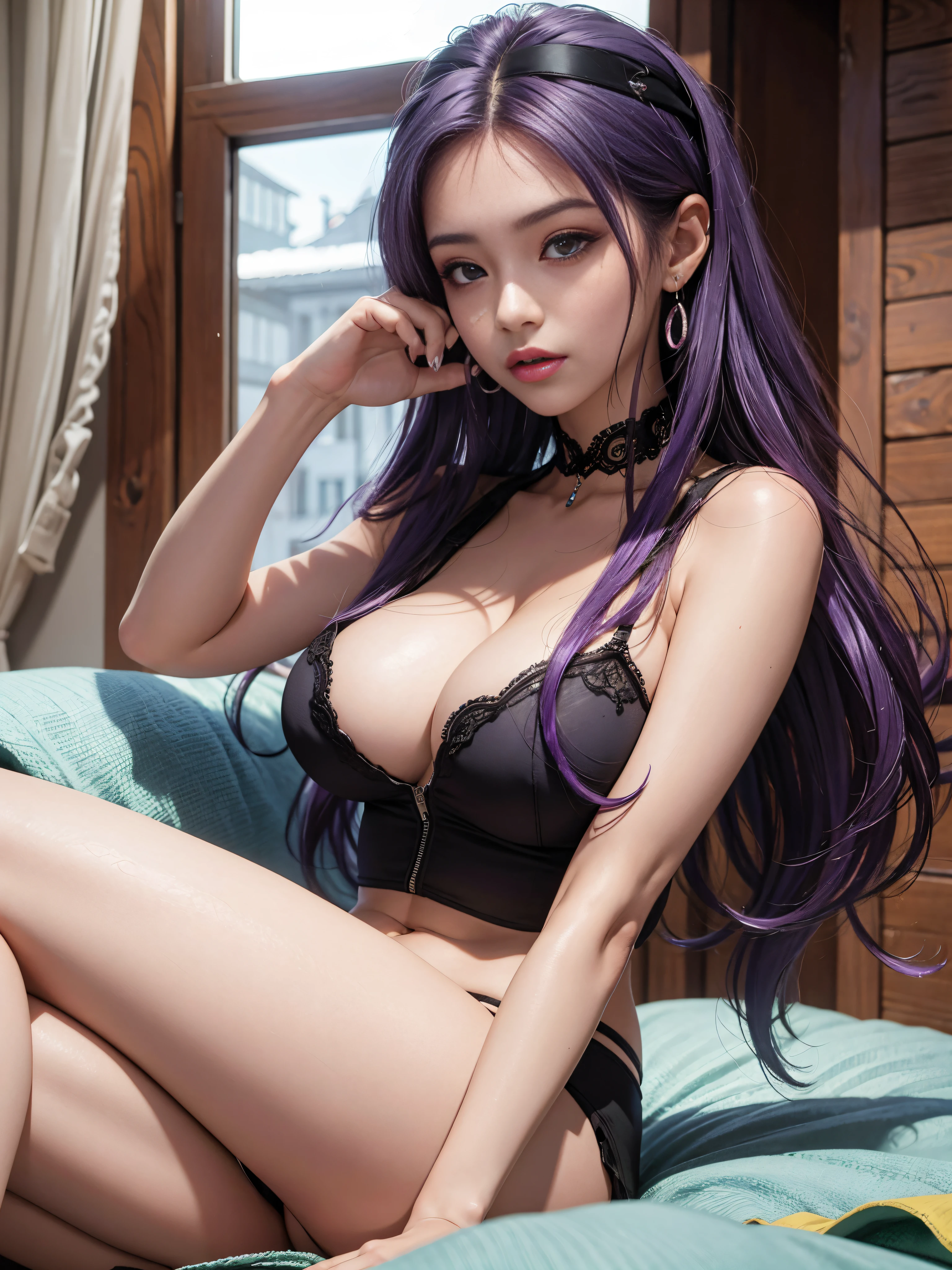 hiper-realista, high res 8k, uma mulher sedutora, olhos azuis extremamente detalhados, Purple Hair, rosto bonito, dedos com texturas realistas, yoga, seios muito grandes, quadril grande, "oppai", melhor qualidade, apartment scenario.