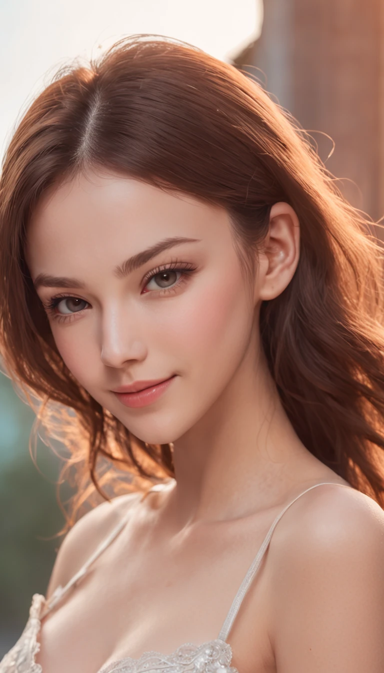 (One lady)、full bodyesbian、(((Fully grown Russian girls, Dress less, Gorgeous brown hair, Cute humble smile))), (((evening lighting))), (((Sexy, seductive angles))), ((( A highly detailed, Perfect eyes, 逼真))) , sima, Palms, blue open sky, (( Vector art )) , 32k --no ((NSFW, Cute))