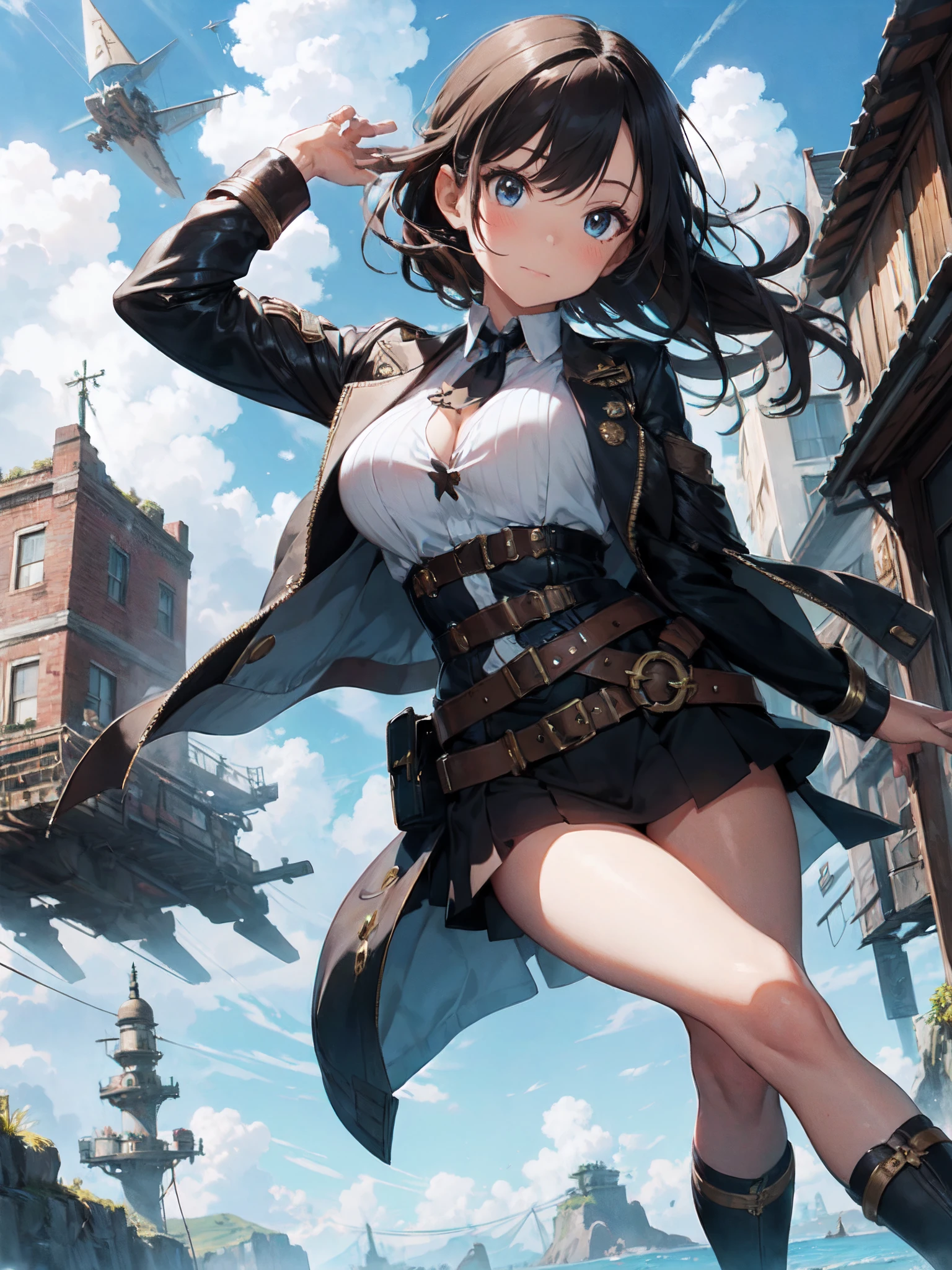 film photography, 1girl , sexy , (((whole body ))) , dynamic pose
Character: steampunk sky pirate queen
Style: high-flying adventure
Extraordinary Feature: commands a fleet of sky-faring vessels
Action: Leaping from her airship with a grappling hook, ready for action
Hair: Styled with gears and mechanical accents, hinting at her engineering prowess
Hair Color: Rich mahogany with hints of metallic gold
Eyes: Piercing blue with a fearless and daring gaze
Clothing: elaborate steampunk attire adorned with flight goggles and belts
Background: floating sky islands with airships and steam-powered contraptions, medium breast, full body, (realistic detailed eyes, natural skin texture, realistic face details), finely detailed, hyperrealistic