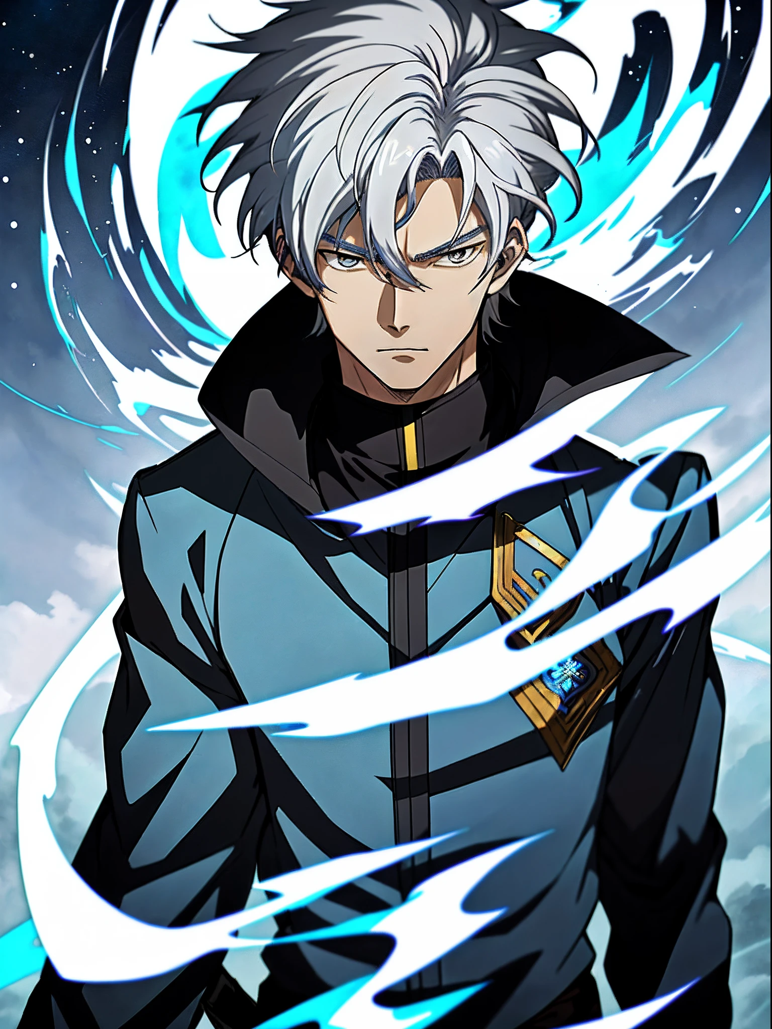 Anime image of a white-haired man wearing a blue flame in a black jacket, Shinkai sincerely, New Xiangcheng, Honest, ryuta ueda artwork, offcial art, Anime handsome man,