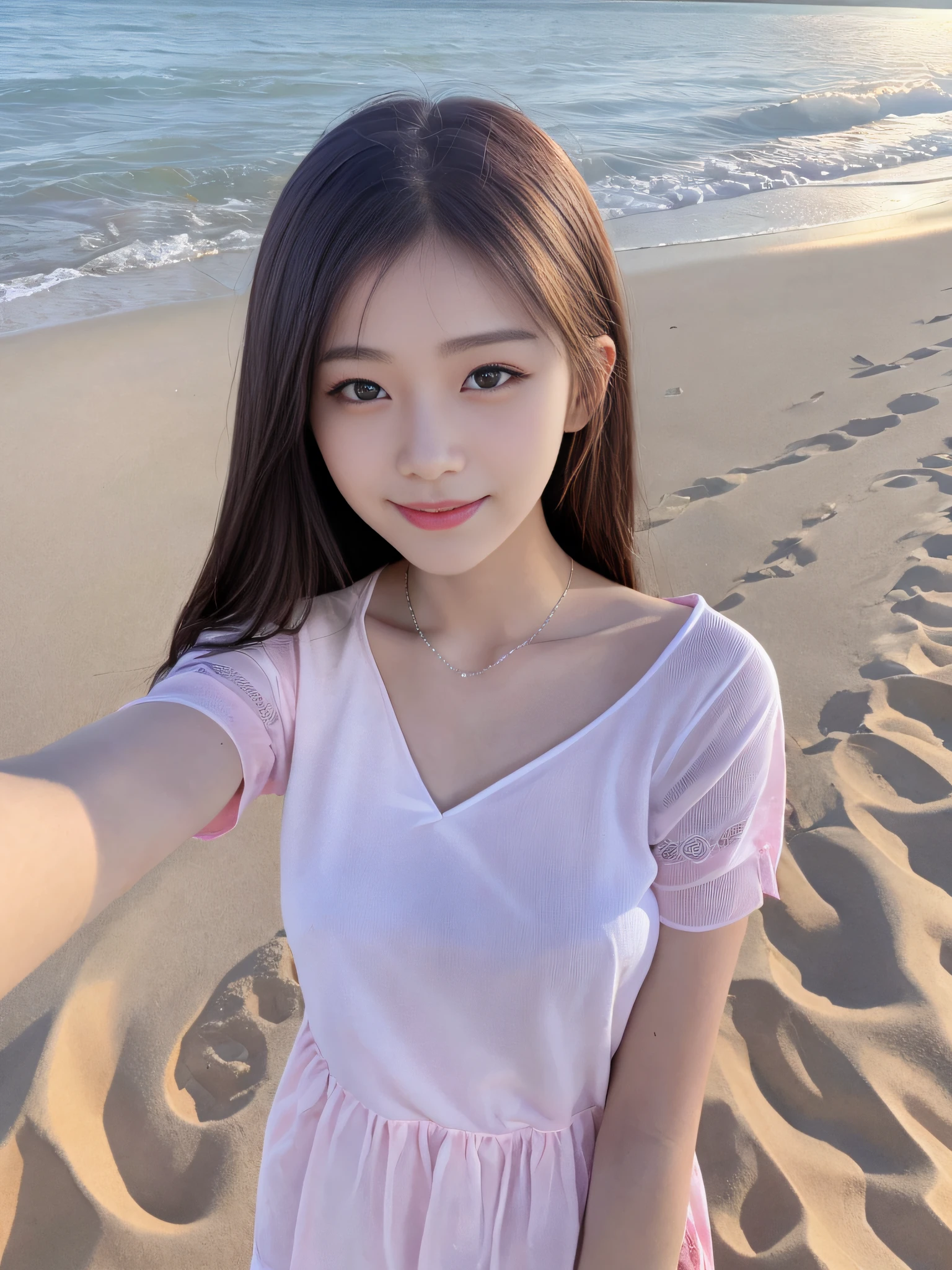 (The upper part of the body), (top-quality:1.1) ,(Photorealsitic:1.1), (a picture:1.1), (ighly detailed:1.1), see the beholder,A bracelet, Eye lashes, Happiness, tiny chest,a beautiful detailed girl, (extremely detailed eye and face), (lighting on the face), a necklace,colourful clothes,[off shoulders], (独奏:1.2), sand beach,sand beach,Standing on the seaside, 夏天, (Beautiful detailed sky),