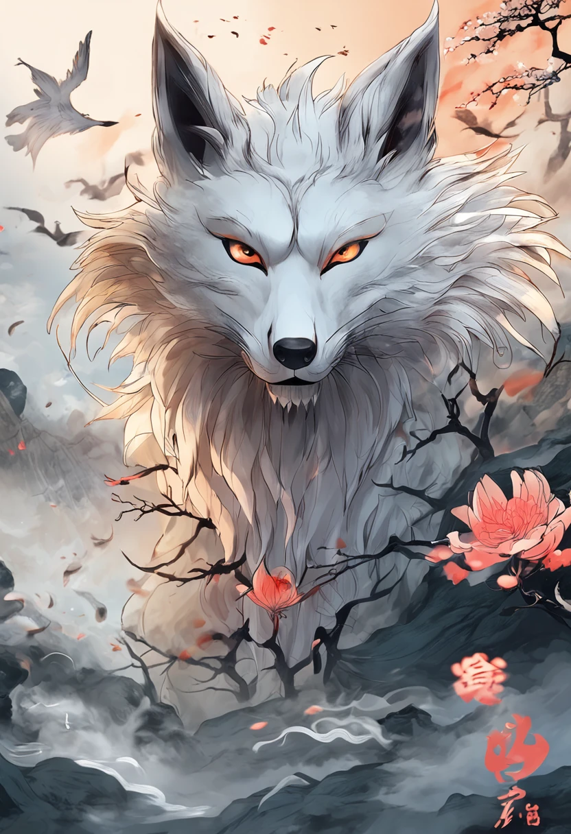 Chinese legend fairy,fox demon,Close-up of front, delicate face, eyes, mouth, close-up, hand close-up,Nine-tailed fox special effects,Background landscape,surrounded by cloud,Traditional Chinese painting The artistic atmosphere is Qi Baishi