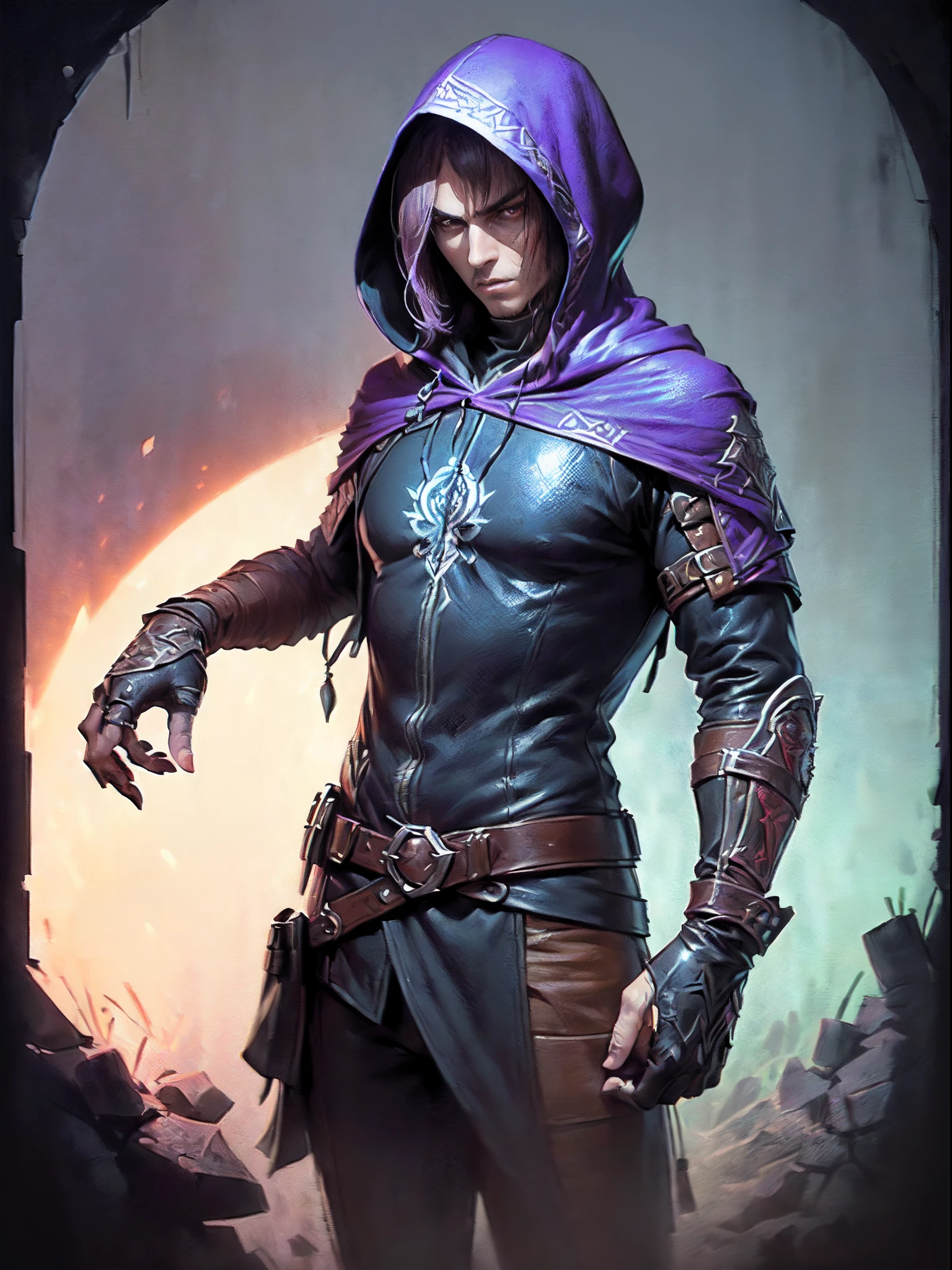 (superfine illustration, Best Quality, Ultra-detailed, Correct delineation, Perfect fingers, Perfect hands, Medieval fantasy illustration:1.5), (mysterious assassin belonging to a cult, Male Focus, Solo, unapproachable vibe:1.5), (is wearing assassin costume, hood:1.5), cult room wall as background, Extremely short hair, Purple hair, open forehead, leather gloves, moonlight,