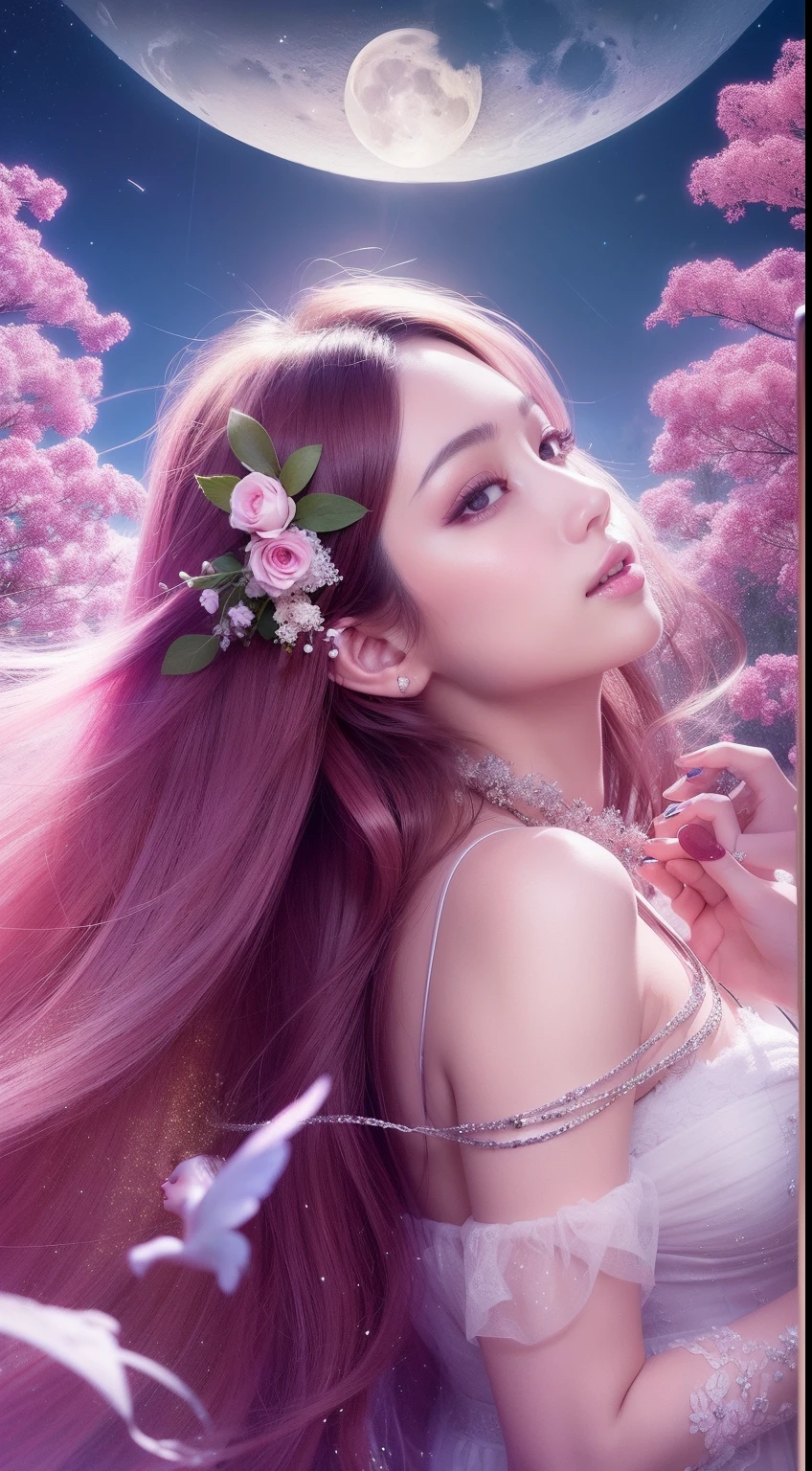 kirakira,Beautiful girl surrounded by flowers,Beautiful and aesthetic, ecstasy of flower,(1girl in),Long hair, jewelry in hair, Extremely detailed, Dynamic Angle, (Fluffy floating hair), (Looking Up), Fairy spirits, Flight to the moon,