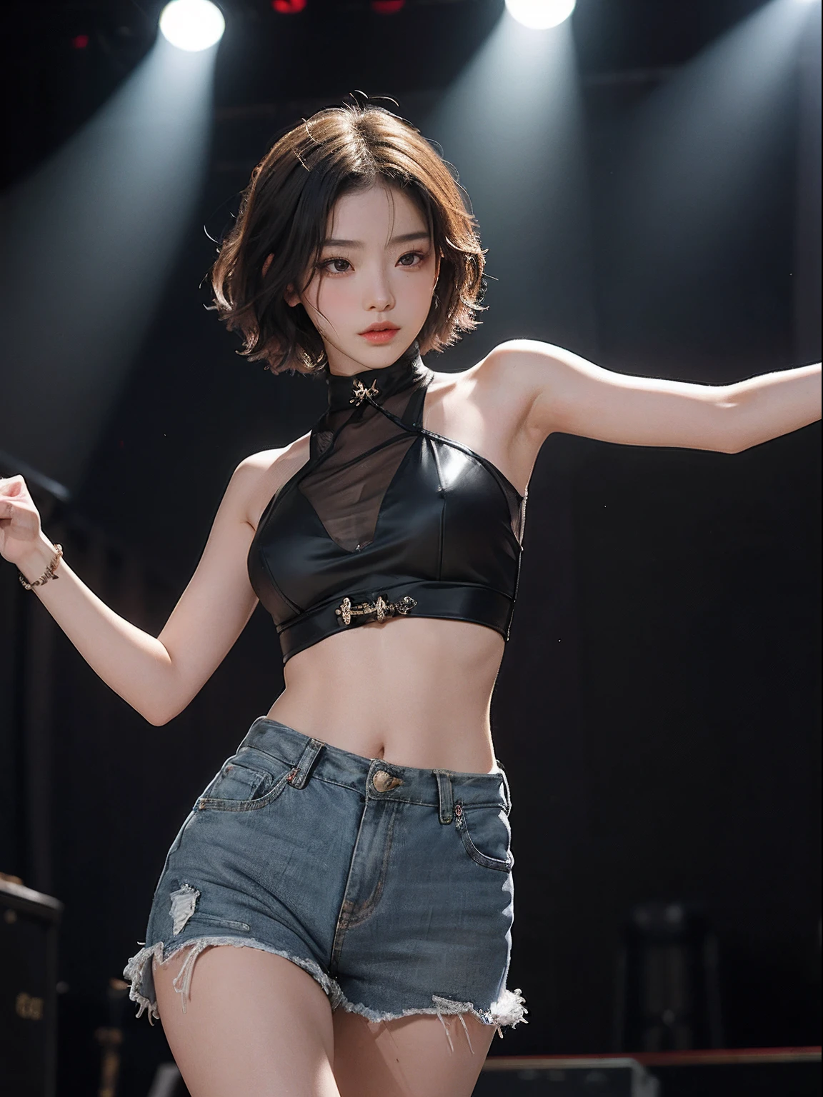best qualtiy,tmasterpiece,超高分辨率,(fidelity:1.4)photoreality,1 girl,solo, cropped shoulders,on the stage,amazing girl,short detailed hair。idol,dancing,spotlight