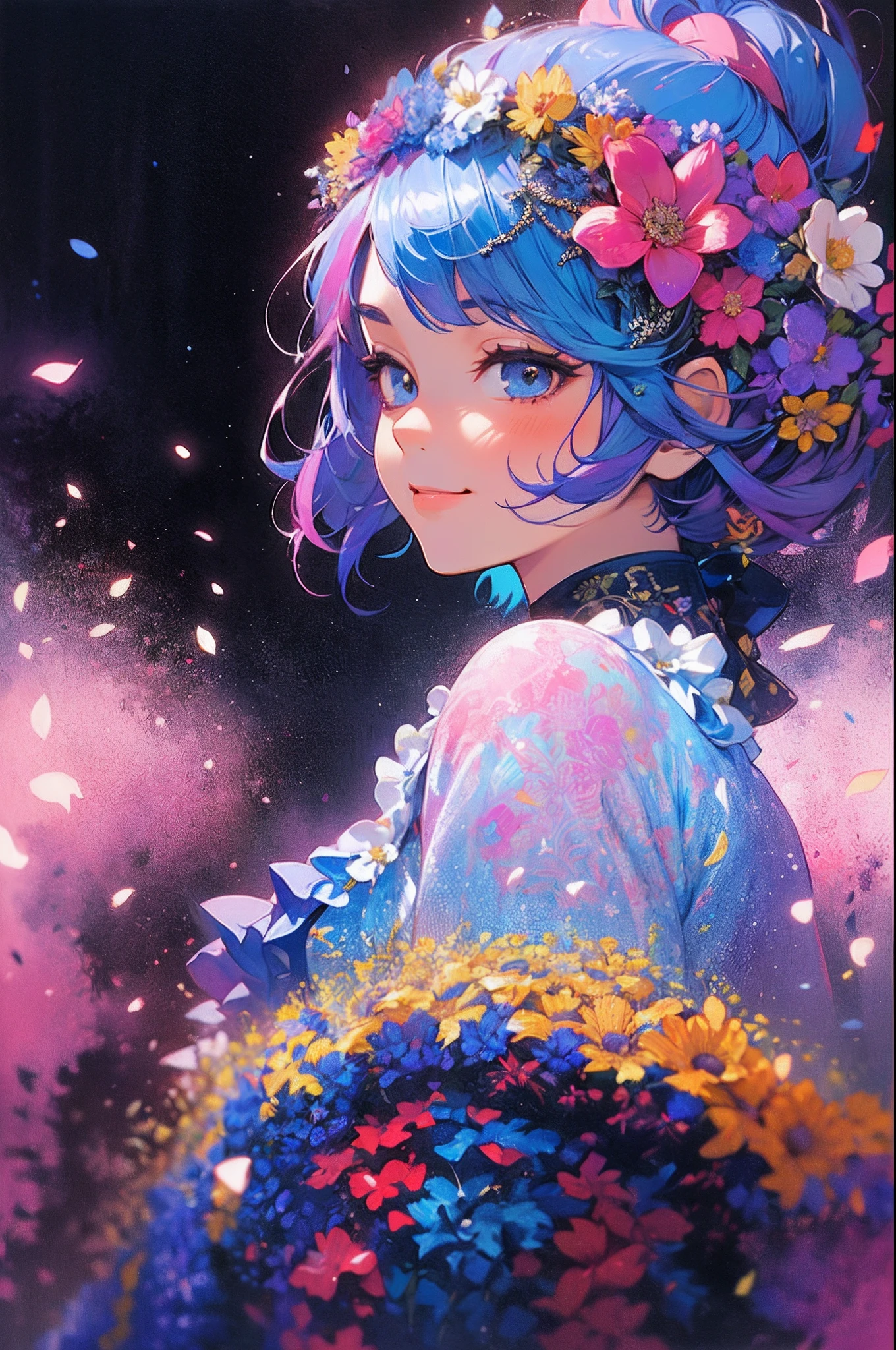 ((Flower dress),((flowercrown))，innocent smiles，(1 girl, Solo:1.6),(Cute smile),(Clothes are simple), (Best Impact:1.5), (maximalism:1.7), Vivid contrast, (Realistic), hyperrealistic illustrations, hight resolution, ultra-detailliert, absurderes,(Fractal Art:1.3)、Random hairstyle、Random hair color colorful、FULL BODYSHOT、Retro、Precise focus、randome pose、cinema4d、Drama