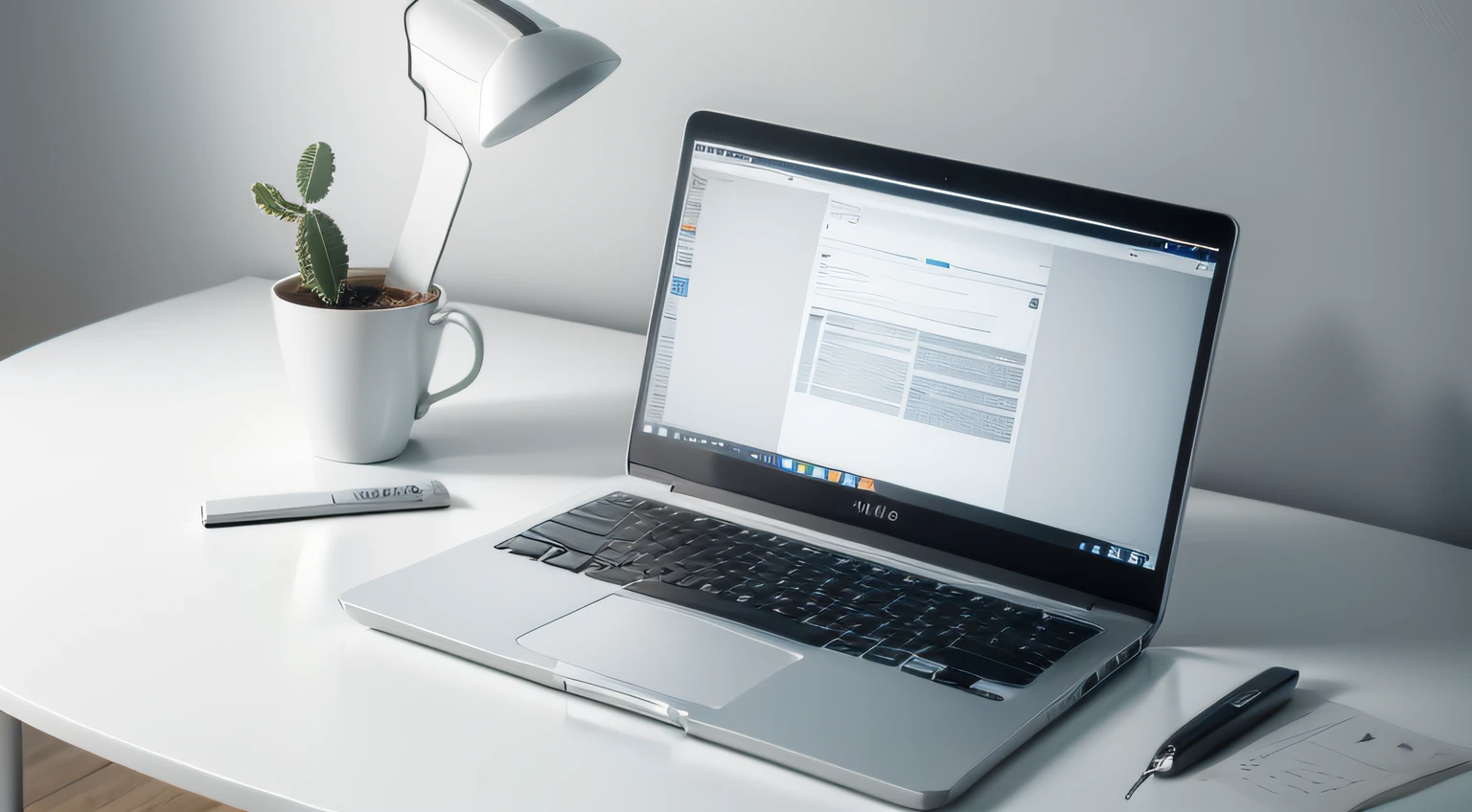 White Background, desk with silver laptop, hyper realistic, full hd