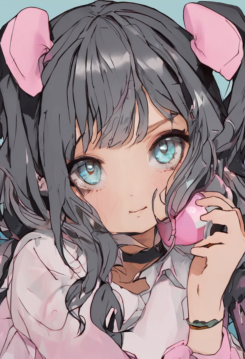 black hair, hair bobbles, wince, longeyelashes, solid circle eyes, fake animal ears, light smile, ear blush, fang, Surrealism, drop shadow, anaglyph, stereogram, tachi-e, pov, atmospheric perspective, 8k, super detail, ccurate, best quality