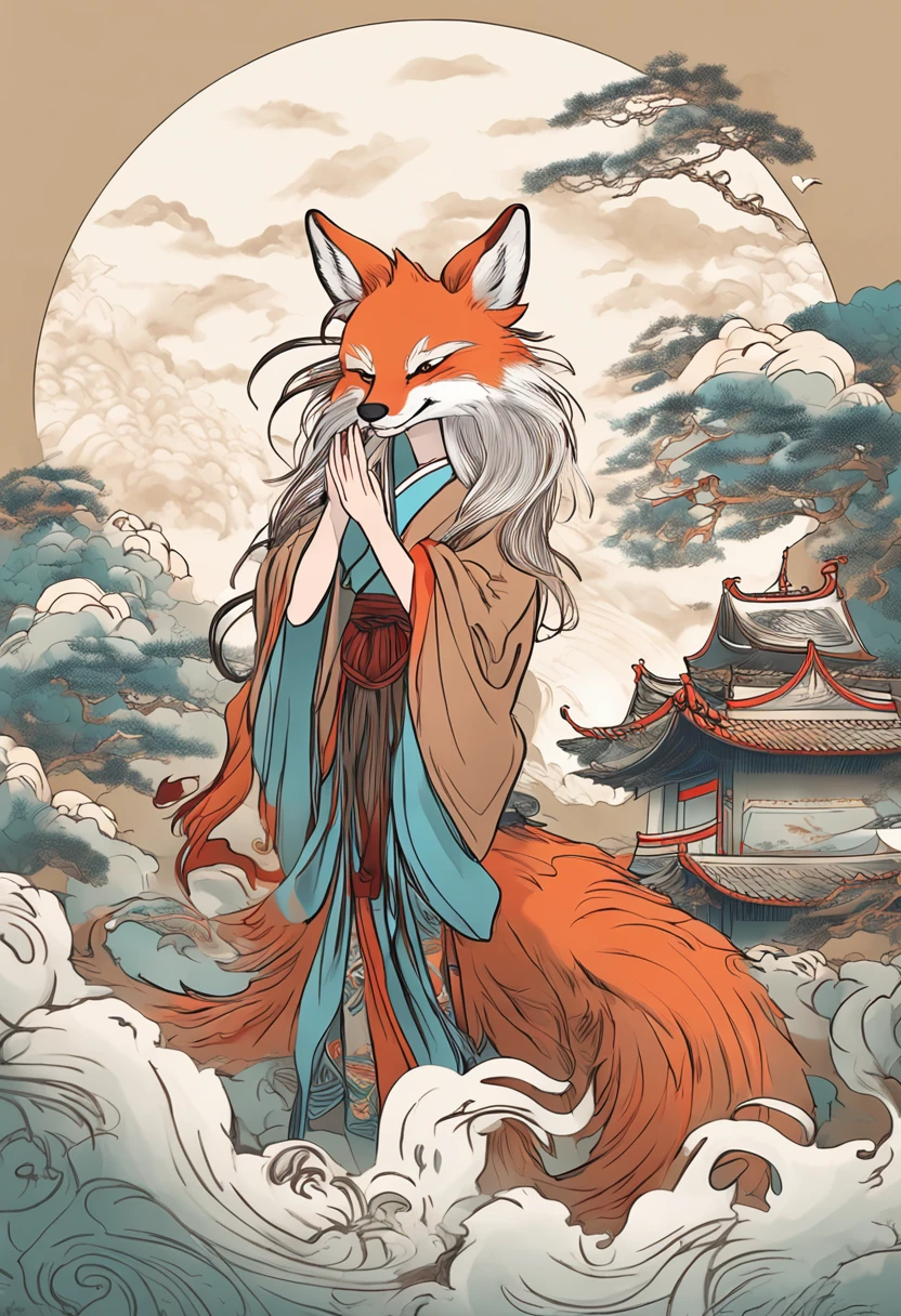Chinese legends，Female vixen，Close-up of woman's front, delicate face, eyes, mouth, close-up, hand close-up，Nine-tailed fox special effects，Background landscape，surrounded by cloud，Traditional Chinese painting The artistic atmosphere is Qi Baishi