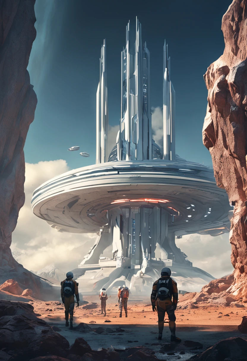 Spaceships and characters in sci-fi landscapes, The background is a mountain, concept art by Ludwik Konarzewski Jr, cgsociety contest winner, Space art, award winning scifi art, sci-fi artwork, scifi illustration, scifi illustration, greg beeple, epic fantasy sci fi illustration, scifi concept art, There are two large white buildings with the sky as a backdrop, Inspired by Cha Siyao's matte paintings, pexels contest winner, modernism, foster and partners, smooth architecture, arhitectural shot, with tall glass skyscrapers, architectural photography, rounded architecture, futuristic building, architecture photo, Construction, etc, architecture photo, Futuristic architecture, in style of norman foster, Surrealism, Conceptual art, Futurism, anime, Bauhaus, cinematic lighting, close-up, perspective, UHD, masterpiece, ccurate, best quality