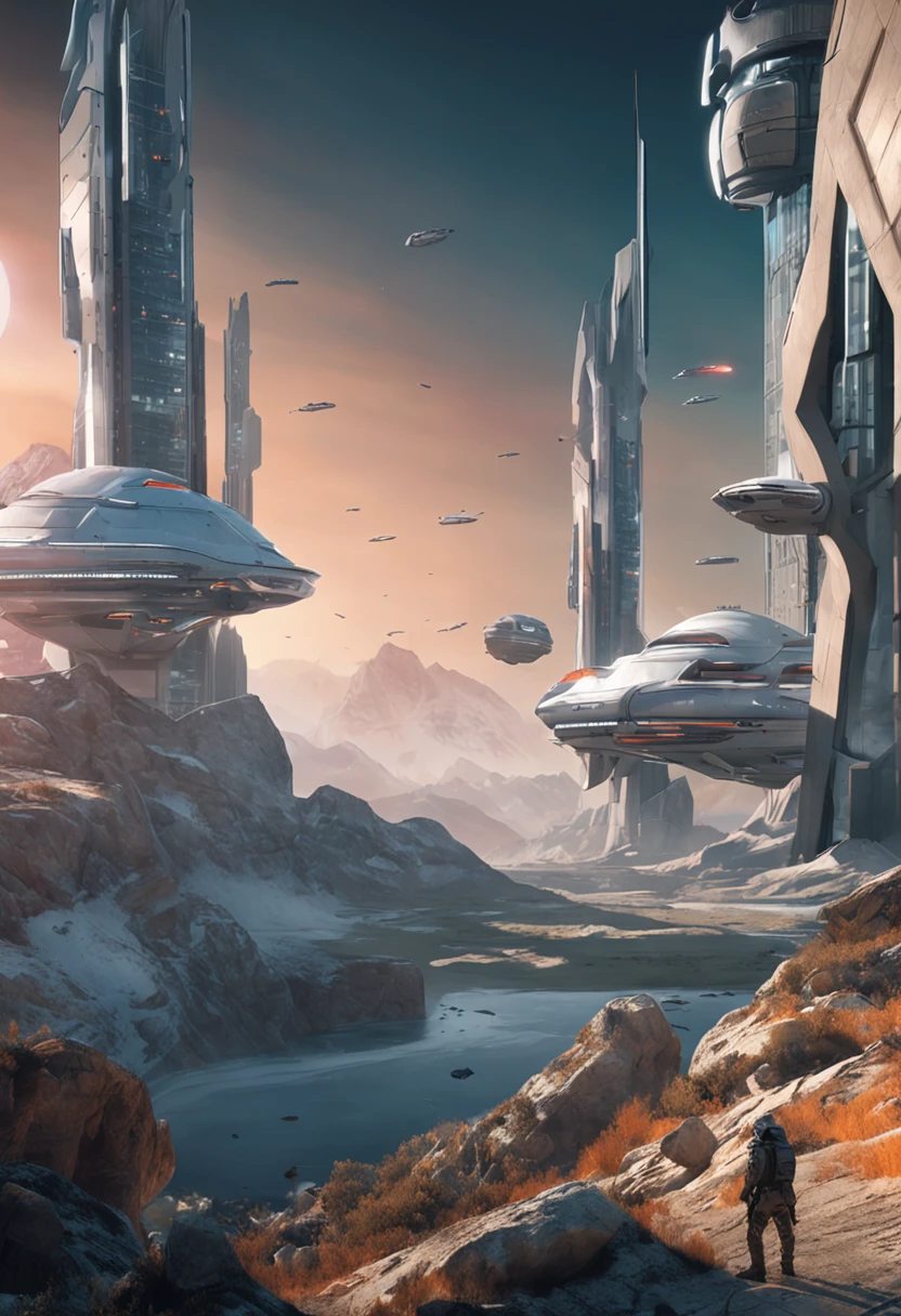 Spaceships and characters in sci-fi landscapes, The background is a mountain, concept art by Ludwik Konarzewski Jr, cgsociety contest winner, Space art, award winning scifi art, sci-fi artwork, scifi illustration, scifi illustration, greg beeple, epic fantasy sci fi illustration, scifi concept art, There are two large white buildings with the sky as a backdrop, Inspired by Cha Siyao's matte paintings, pexels contest winner, modernism, foster and partners, smooth architecture, arhitectural shot, with tall glass skyscrapers, architectural photography, rounded architecture, futuristic building, architecture photo, Construction, etc, architecture photo, Futuristic architecture, in style of norman foster, Surrealism, Conceptual art, Futurism, anime, Bauhaus, cinematic lighting, close-up, perspective, UHD, masterpiece, ccurate, best quality
