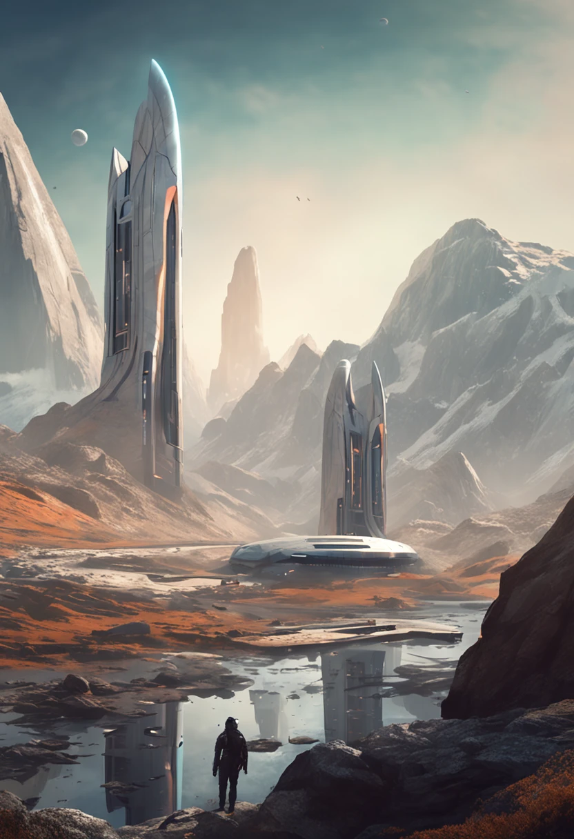 Spaceships and characters in sci-fi landscapes, The background is a mountain, concept art by Ludwik Konarzewski Jr, cgsociety contest winner, Space art, award winning scifi art, sci-fi artwork, scifi illustration, scifi illustration, greg beeple, epic fantasy sci fi illustration, scifi concept art, There are two large white buildings with the sky as a backdrop, Inspired by Cha Siyao's matte paintings, pexels contest winner, modernism, foster and partners, smooth architecture, arhitectural shot, with tall glass skyscrapers, architectural photography, rounded architecture, futuristic building, architecture photo, Construction, etc, architecture photo, Futuristic architecture, in style of norman foster, Surrealism, Conceptual art, Futurism, anime, Bauhaus, cinematic lighting, close-up, perspective, UHD, masterpiece, ccurate, best quality