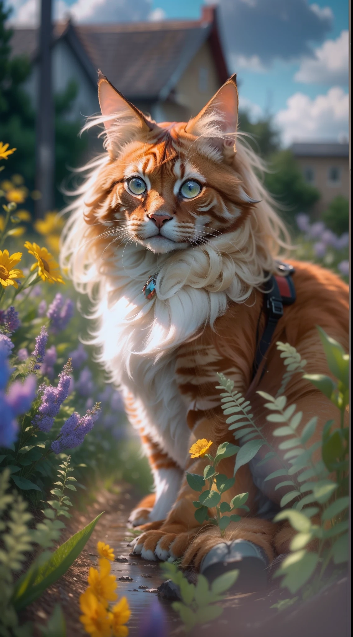 Red maincoon, Sitting in the grass among the flowers, Very high-quality photo, professionally staged light, on a street with clear weather, blue cumulus clouds in the sky, very beautiful, an awesome landscape against the background, A still from a movie with chromatic aberration, add a bokeh effect and a slightly blurred background, multi-colored particles float in the air, film grain, 8k, super detail