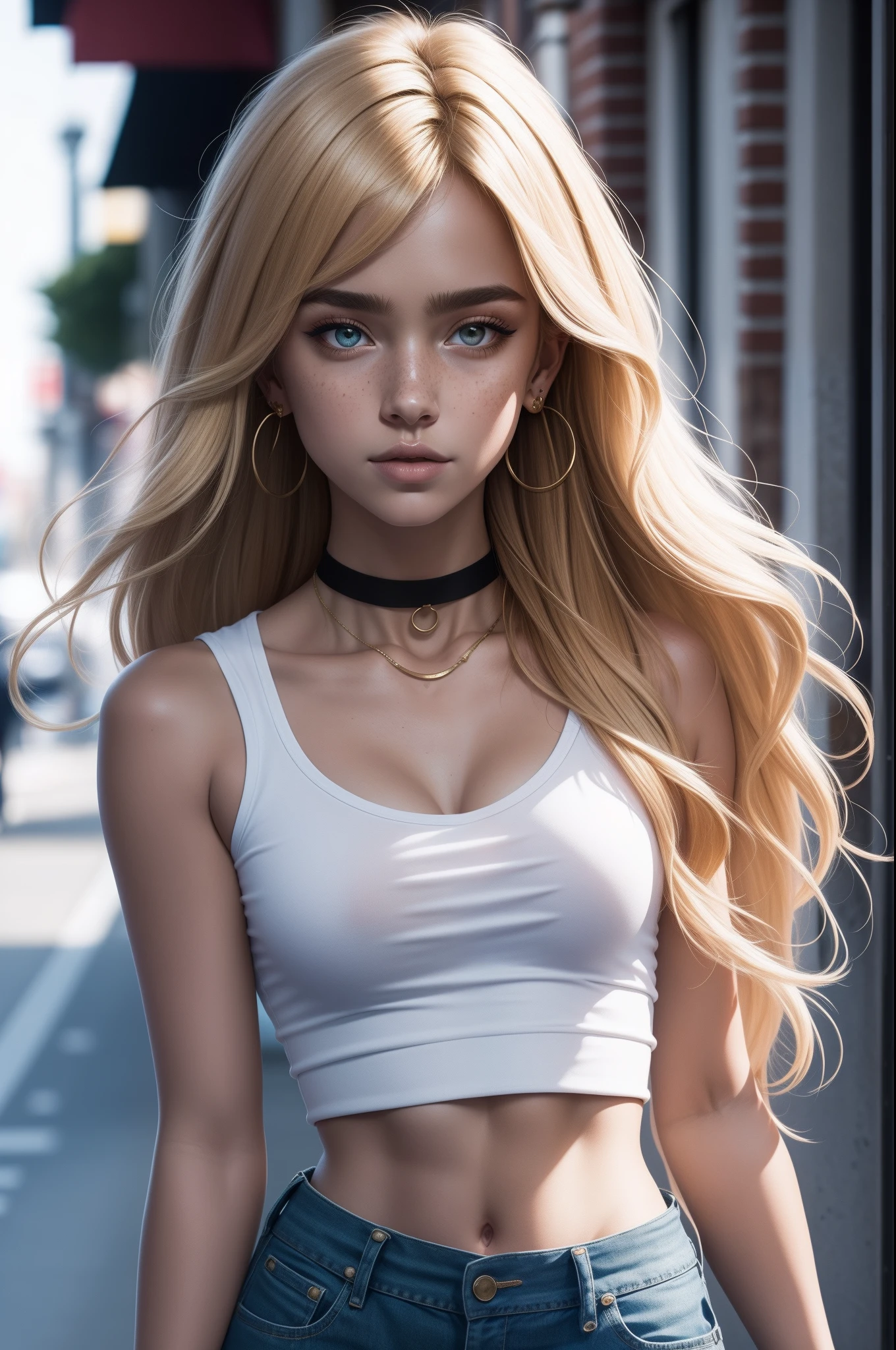 (masterpiece, best quality), 1girl, blonde, freckles, crop top, choker, looking at viewer, upper body, blurry, earrings, street,