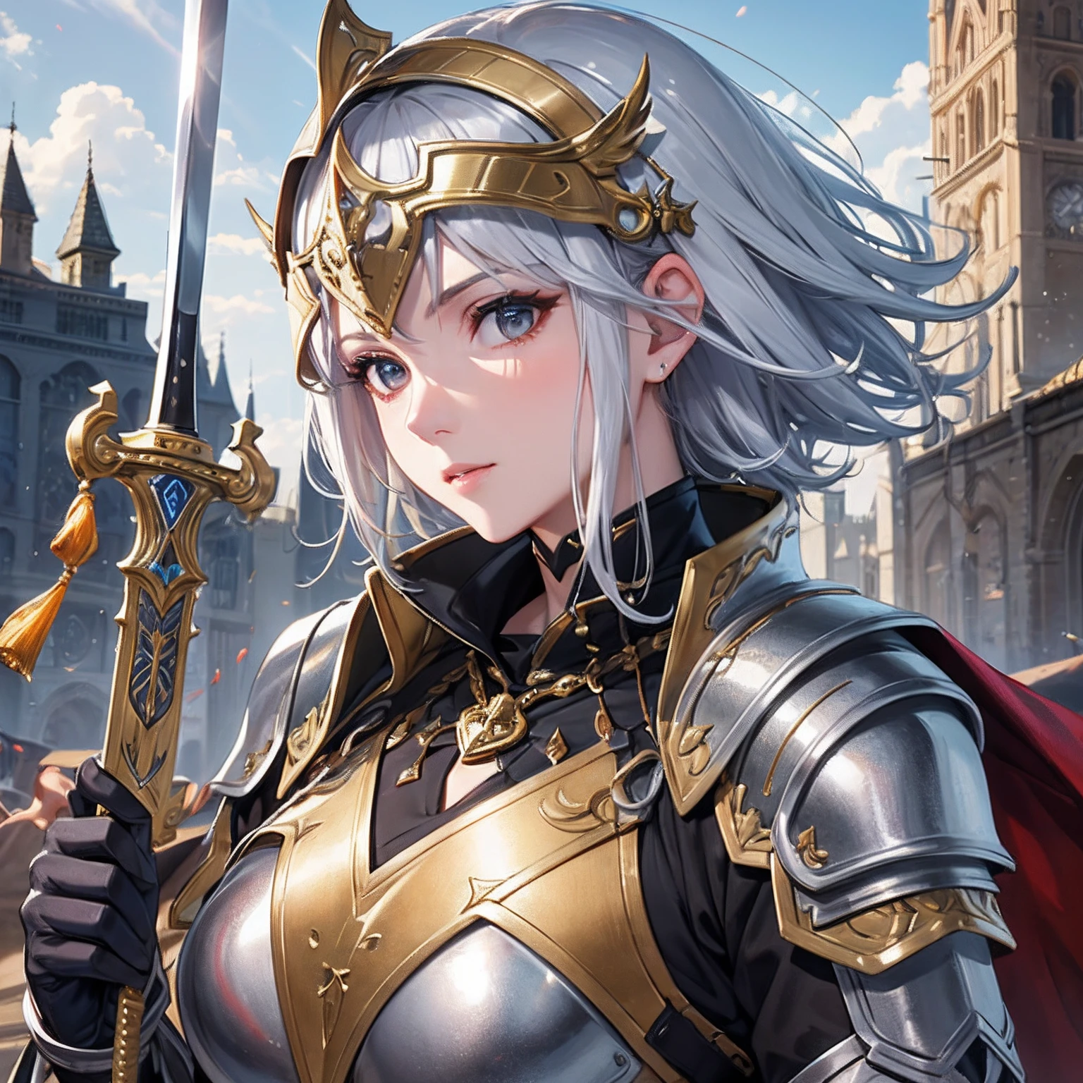masterpiece、top-quality、hight resolution、High-quality images、8K、1womanl、detaileds、Detailed eye depiction、skin gloss、shiny short silver hair、Nomiya、portlate、Black underwear、golden armour、Sword in one hand、Holding a helmet in one hand、Invincible Army