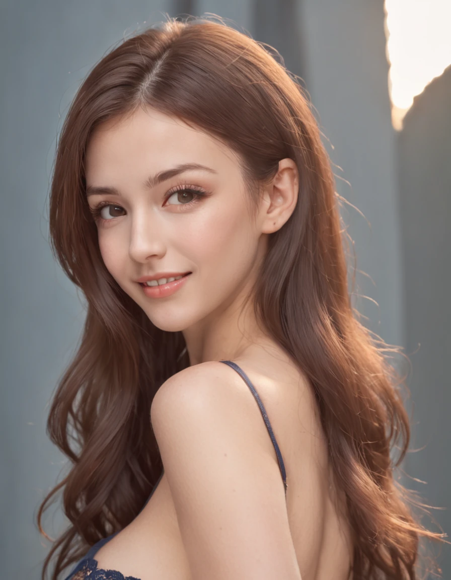 Tight orange top:1.2, looking at the audience, Cinema lighting, perfect, soft light, High resolution skin:1.2, Realistic skin texture, 18 years old、a small face、No makeup，Off the shoulders，Bust C cup、blue eyes, bun, dark brown hair、Completely naked、gray background、photo from the waist up、　The abdomen is visible、cute smile,