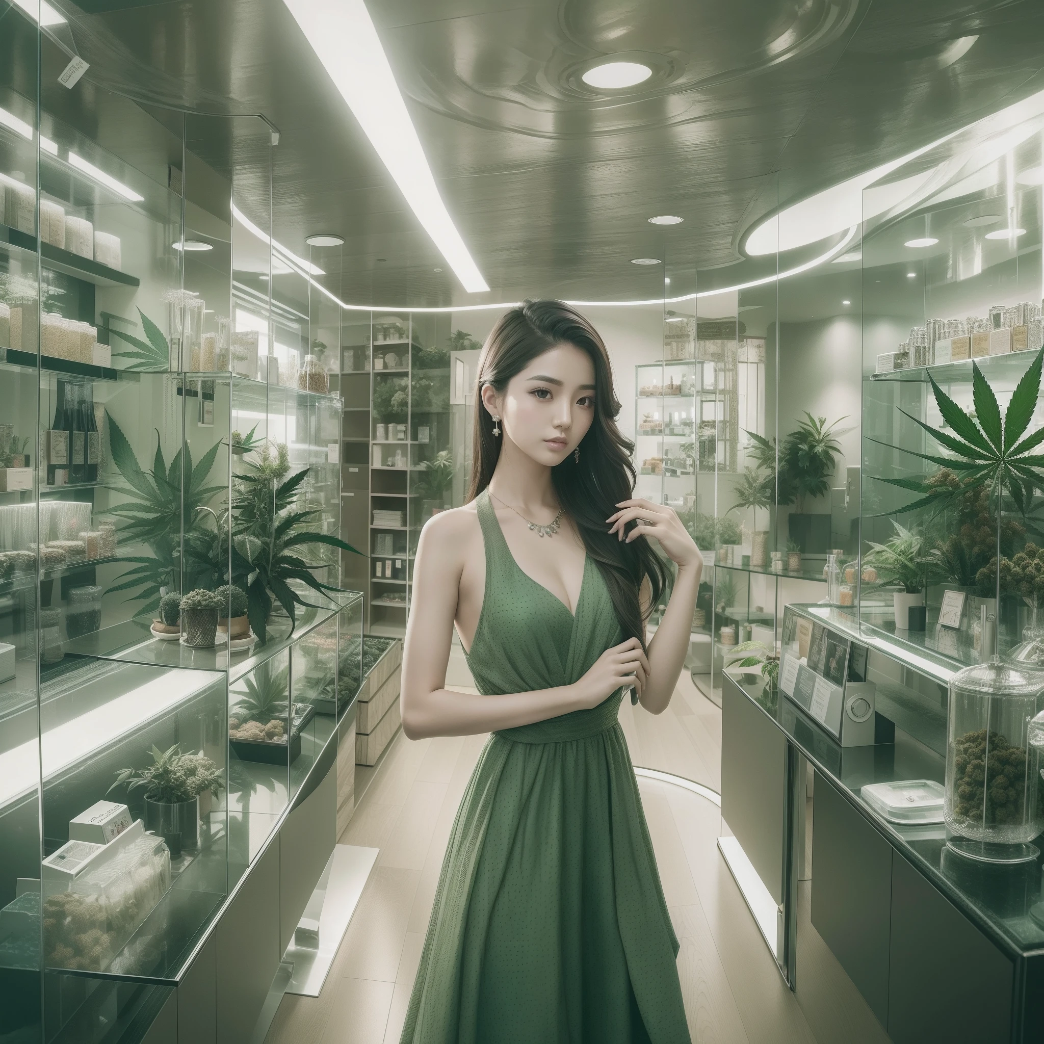 cannabis store, elegant and gorgeous interior, relaxation room, Korean beauty posing in front of the store (futuristic fashion), high image quality, realistic, comparable Effortless beauty, high quality