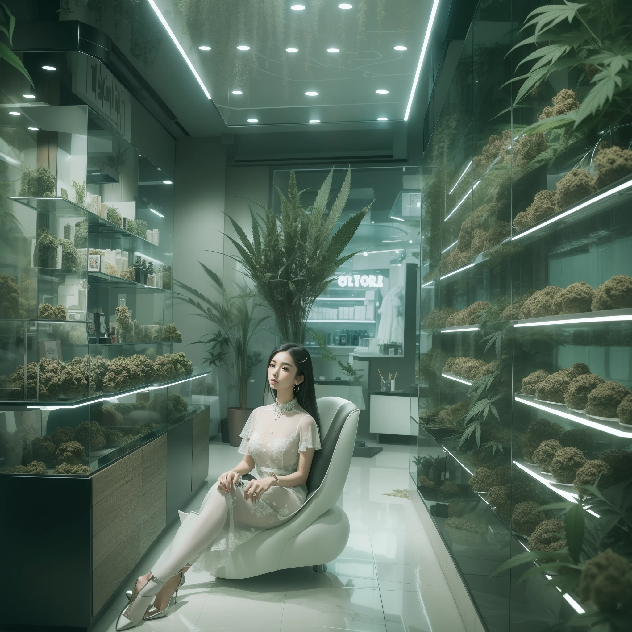 store, elegant and gorgeous interior, relaxation room, Korean beauty posing in front of the store (futuristic fashion), high image quality, realistic, comparable Effortless beauty, high quality