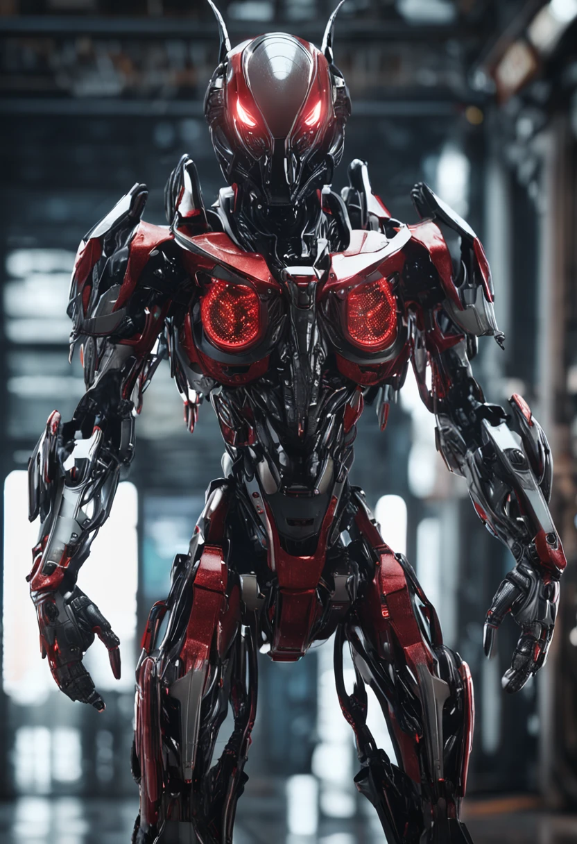 )Dynamic Angle:1.45), entire body image, (Transparent wings:1.5), (Butterfly with transparent wings:1.2), (Extremely detailed CG Unity 16k wallpaper:1.1), (Noise Removal Strength: 1.45), (tmasterpiece:1.37), Full body image of an alien robot with red eyes and a bird's head, Come face to face with the Justice Red Cyber Mech, Xenomorph, A sign of evil, futuristic robot devil, red biomechanical details, dominatrix assassin robot, bionic scifi alexandre ferra, Top predator fangs exposed, Black glossy special-shaped, battle armor, depraved cybernetic demon, cybernetic and highly detailed, simplebackground, god light, Glowing light, Sparkle, hyper HD