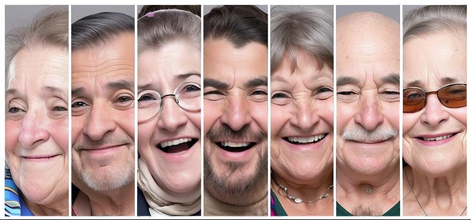 Un primer plano de un grupo de personas mayores con diferentes expresiones, Caras sonrientes, Caras completas, anciano, Caras felices, pocas arrugas, cheerful expression, Each face precisely defines, Rostros humanos reales, Age lines, expresiones felices, envejecimiento, Muy divertido, head tilted back in laughter, rasgos faciales maduros, smiling expression, Multiple faces, Caras emotivas, Gente feliz, sonrisa loca