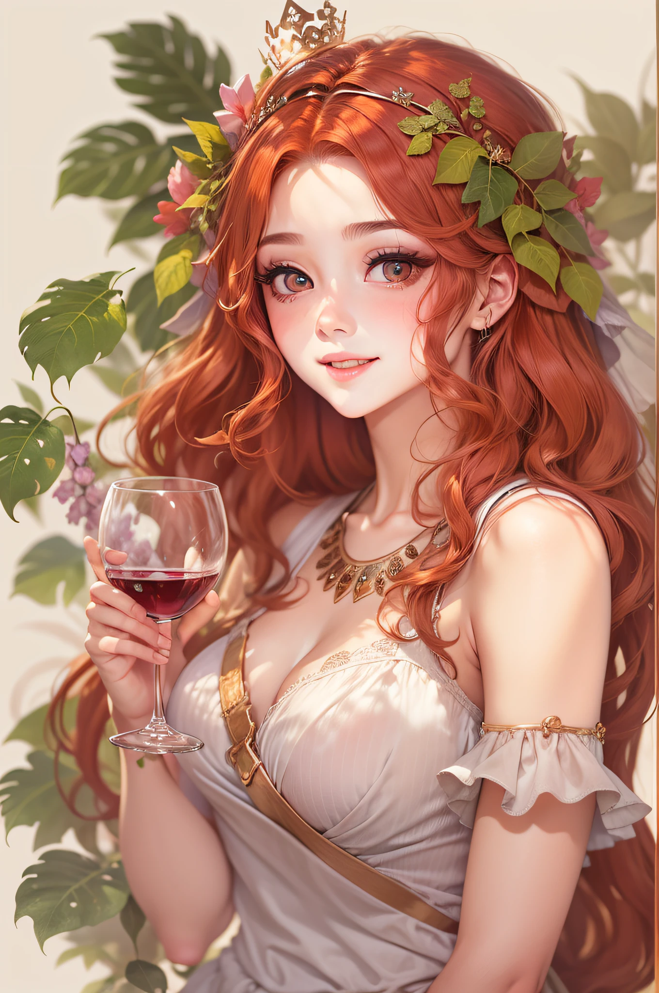 The personification of Dionysus in Greek mythology 、infp young woman、Country-style tavern、Drunk and blushed in a tavern、Wine red hair、Miss King's Tiara、Sophisticated illustrations、Big eyes、Transparent eyes、Beautiful makeup、long eyeslashes、A smile、Smile、、Solo Photography、beatiful detailed eyes、vertical stripes　imagem 4k　超A high resolution、Overall photo