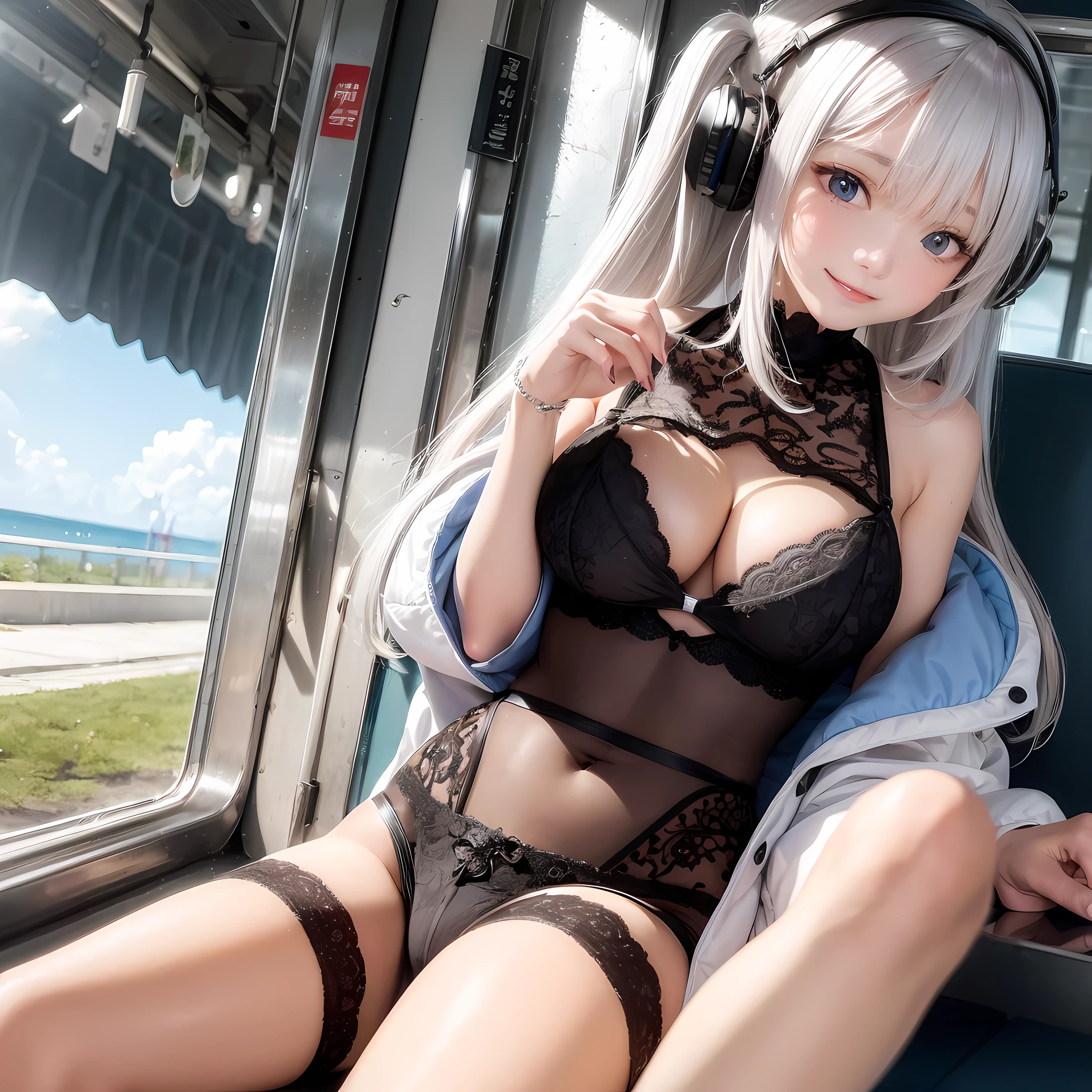 There is a woman sitting on a train with a bag and headphones, sat down in train aile, on the subway, Petite girl, hot petite, listening to music at 2 am, touching her clothes, Very cute, candid shot, Human trafficking at art stations, UH、That smell, passed out, けもの, Sexy Girl, Close up of silver smile with open mouth、(realisitic、hight resolution)、(1 girl in)、Do-Up Eye、Korean Girl、(Best Quality), (1girl in), Solo, a beauty girl, Perfect face, Big Breast,dreamlikeart、Highly detailed airbrush art((Surreal))、Volumetric lighting、(top-quality)、The ultra-detailliert、(The composition of the movement:1.4)、Highly detailed colorful details、(Bright lighting)、dynamic compositions、Ray traching、The mirror reflects light、Shallow depth of field、ultra-detailliert、mixing  exposure、nffsw、Her eyes are shining silver、Staring at the silvery sea。Her silvery face is、Full of adventure anticipation and courage.、A smile appears on her silvery lips。 At the rear、The sun is slowly tilting to the west。Its light brings silvery light to the surface of the sea、The swaying waves create a beautiful scene。Her eyes shine clearly silver。A lot of silver、