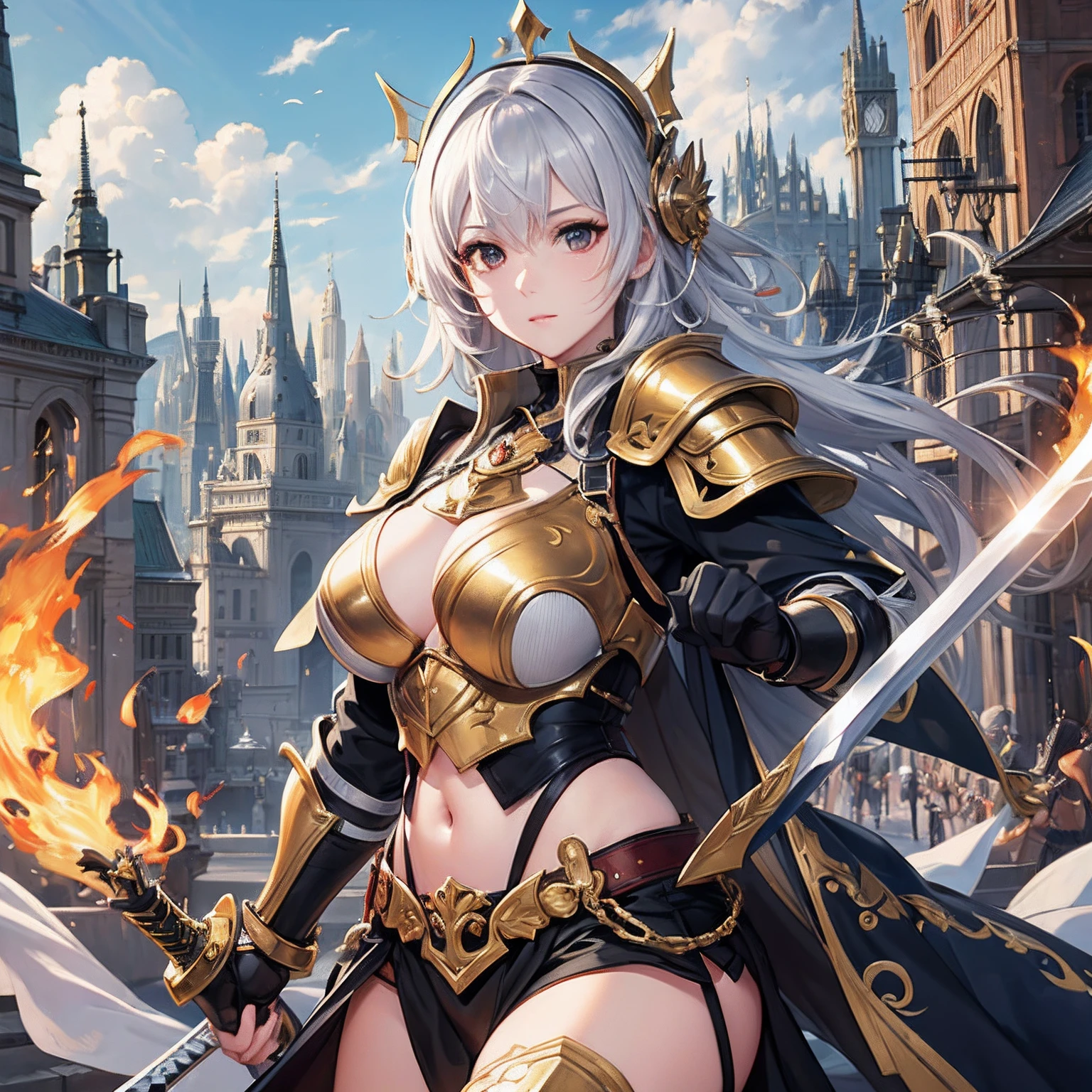 masterpiece、top-quality、hight resolution、High-quality images、8K、1womanl、detaileds、Detailed eye depiction、skin gloss、shiny short silver hair、Nomiya、portlate、Black underwear、golden armour、Sword in one hand、Holding a helmet in one hand、Invincible Army