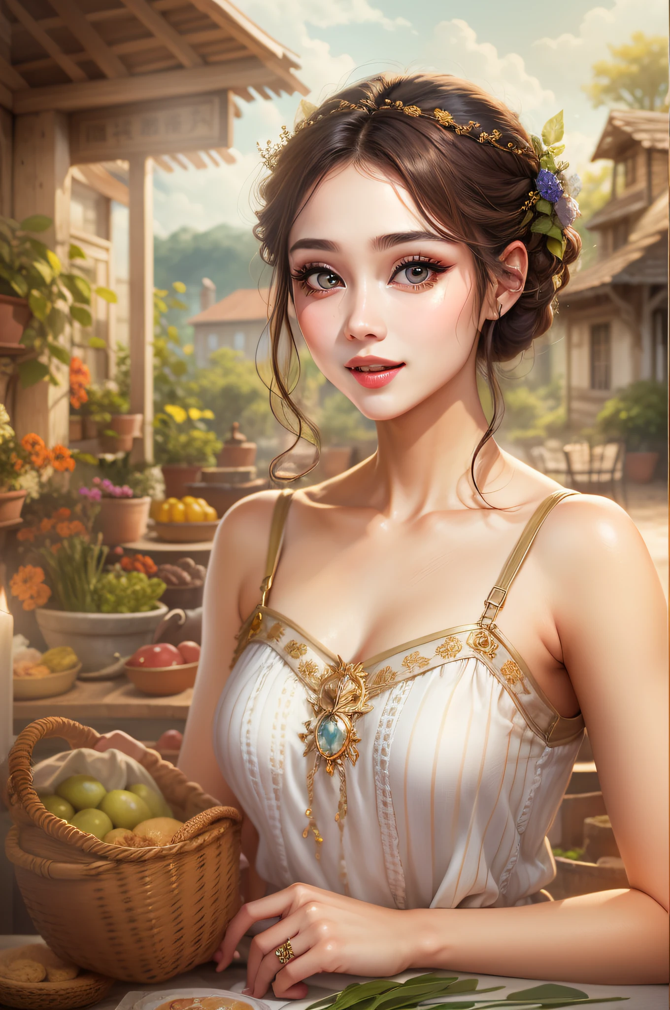 The personification of demetallization in Greek mythology 、mothers、slightly larger breasts、Farmer's clothing、Inside the house of an aristocratic farmer、、Sophisticated illustrations、Big eyes、Transparent eyes、Beautiful makeup、long eyeslashes、A smile、Smile、、Solo Photography、beatiful detailed eyes、vertical stripes Overall photo