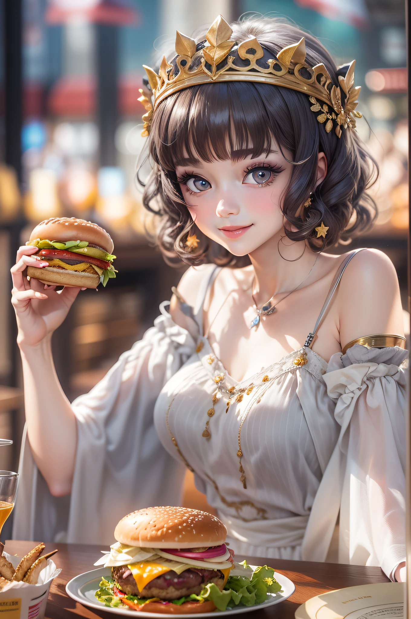 The personification of Hestia in Greek mythology 、infp young woman、American Burger Shop、Eating a hamburger、Miss King's Tiara、Sophisticated illustrations、Big eyes、Transparent eyes、Beautiful makeup、long eyeslashes、A smile、Smile、、Solo Photography、beatiful detailed eyes、vertical stripes　imagem 4k　超A high resolution、Overall photo
