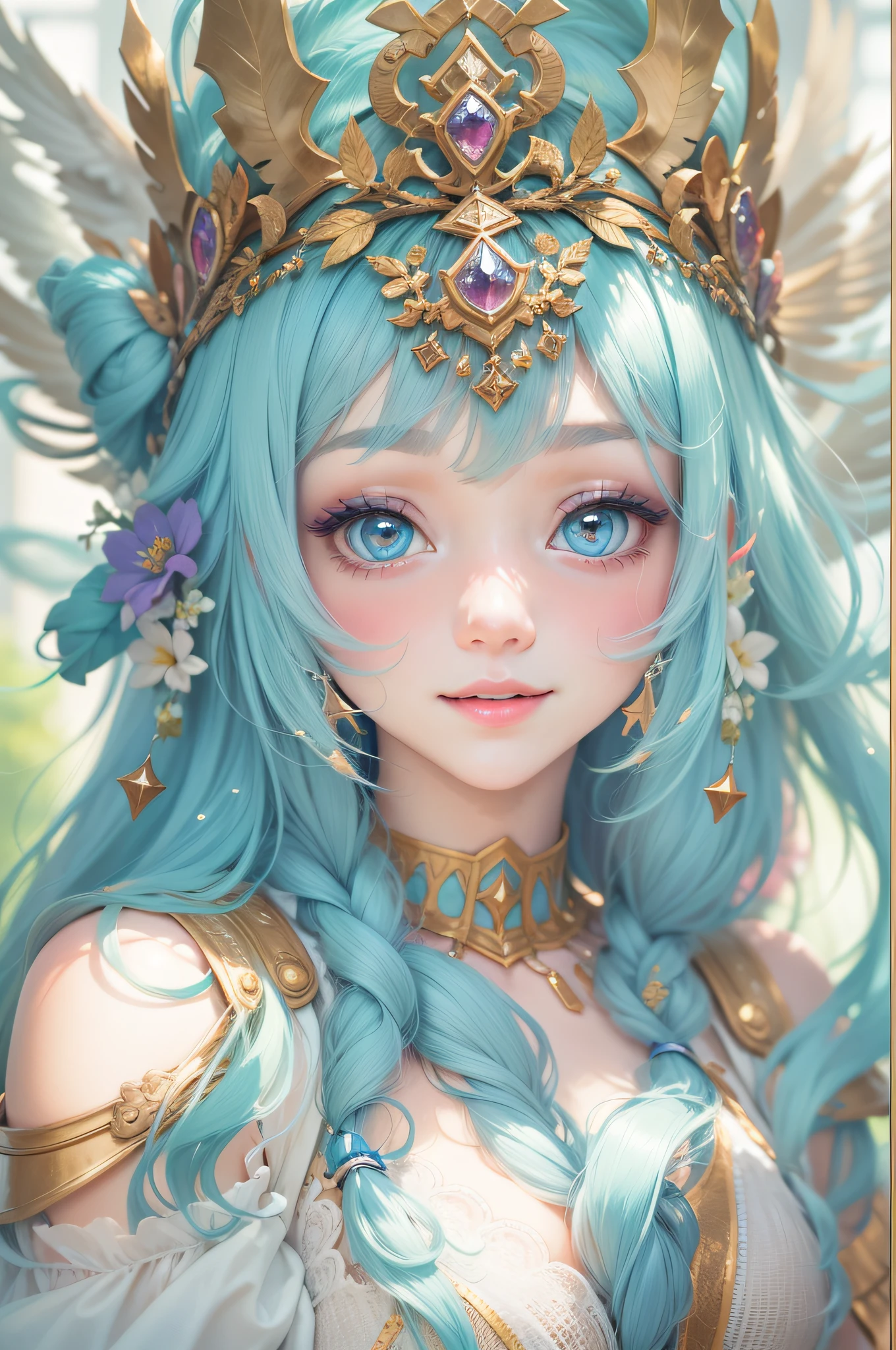 The personification of Nicaea in Greek mythology 、infp young woman、Goddess of Victory、Expensive dresses with blue base、Light blue hair、Miss King's Tiara、Sophisticated illustrations、Big eyes、Transparent eyes、Beautiful makeup、long eyeslashes、A smile、Smile、、Solo Photography、beatiful detailed eyes、vertical stripes　imagem 4k　超A high resolution、Overall photo