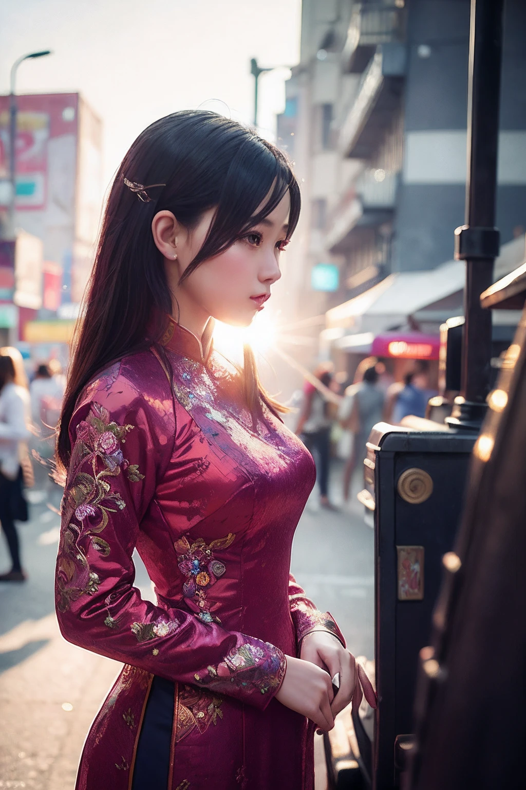 Beautiful girl Aodai in vintage color , masutepiece, Best Quality, Realistic:1.3, Street, Cyberpunk, Sunlight, Backlighting, ((((nffsw)))), complex scenes, art  stations, Intricate details, Vignette