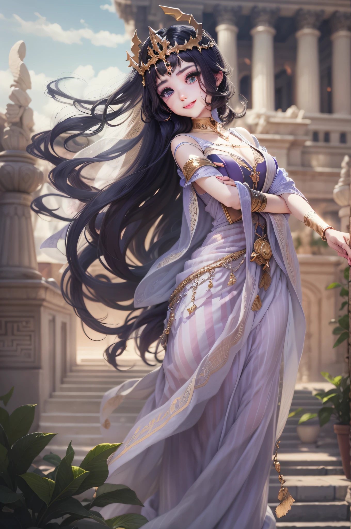 The personification of Hera in Greek mythology 、infp young woman、jealous、cruel、dark purple dress、The background is the Palace of Hell、Black hair、Miss King's Tiara、Sophisticated illustrations、Big eyes、Transparent eyes、Beautiful makeup、long eyeslashes、A smile、Smile、、Solo Photography、beatiful detailed eyes、vertical stripes　imagem 4k　超A high resolution、Overall photo