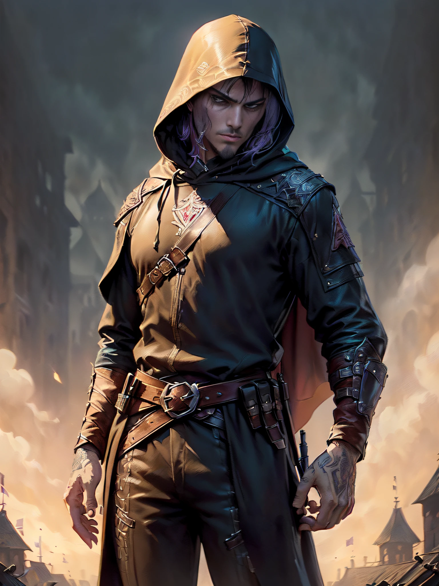 (superfine illustration, Best Quality, Ultra-detailed, Correct delineation, Perfect fingers, Perfect hands, Medieval fantasy illustration:1.5), (mysterious assassin belonging to a cult, Male Focus, Solo, unapproachable vibe:1.5), (is wearing assassin costume, hood:1.5), cult room wall as background, Extremely short hair, Purple hair, open forehead, leather gloves, moonlight,