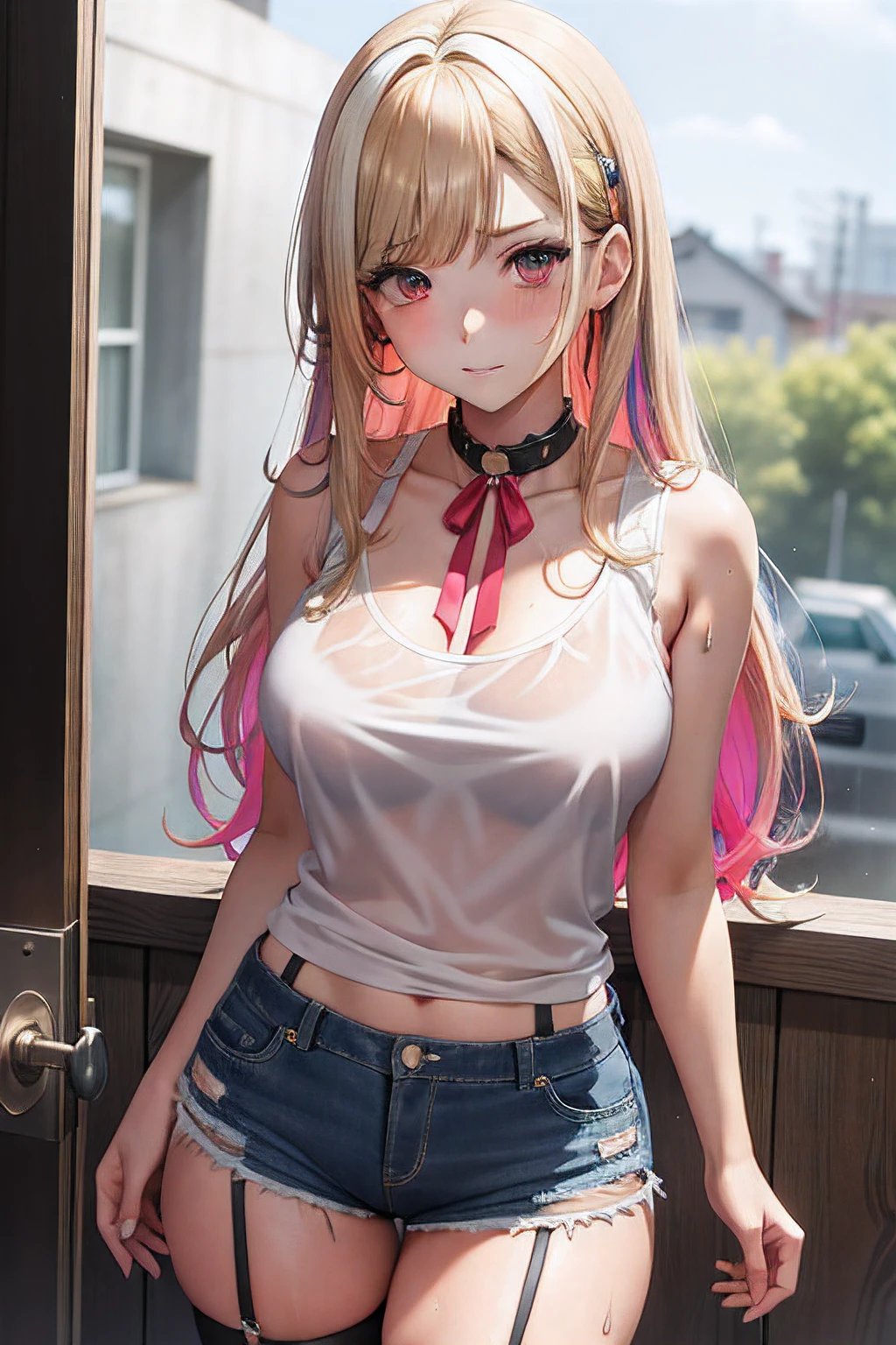 gyaru, medium hair, wet hair, hair slicked back, looking at viewer, multicolored eyes, large breasts, sleeveless shirt, short shorts, chemise, neck garter, bent_over, crotch_rope,