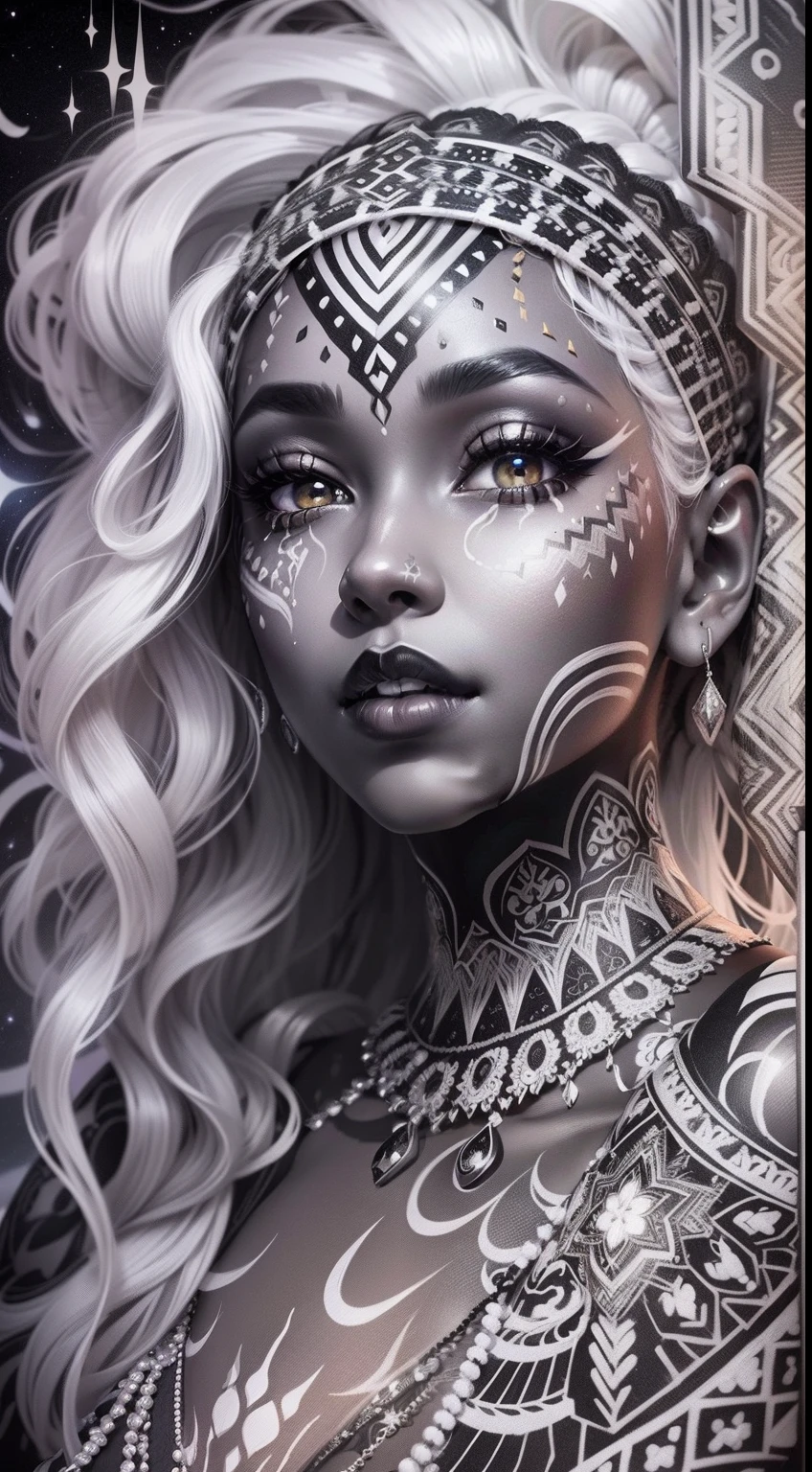 colouring book page, black and white, 32k, full body view, very beautiful tribal brown skin girl with excessive intricately detailed vivdly black and white facepaint bodypaint makeup, stunning radiant eyes, gorgeous white hair with highlights, magical night sky background