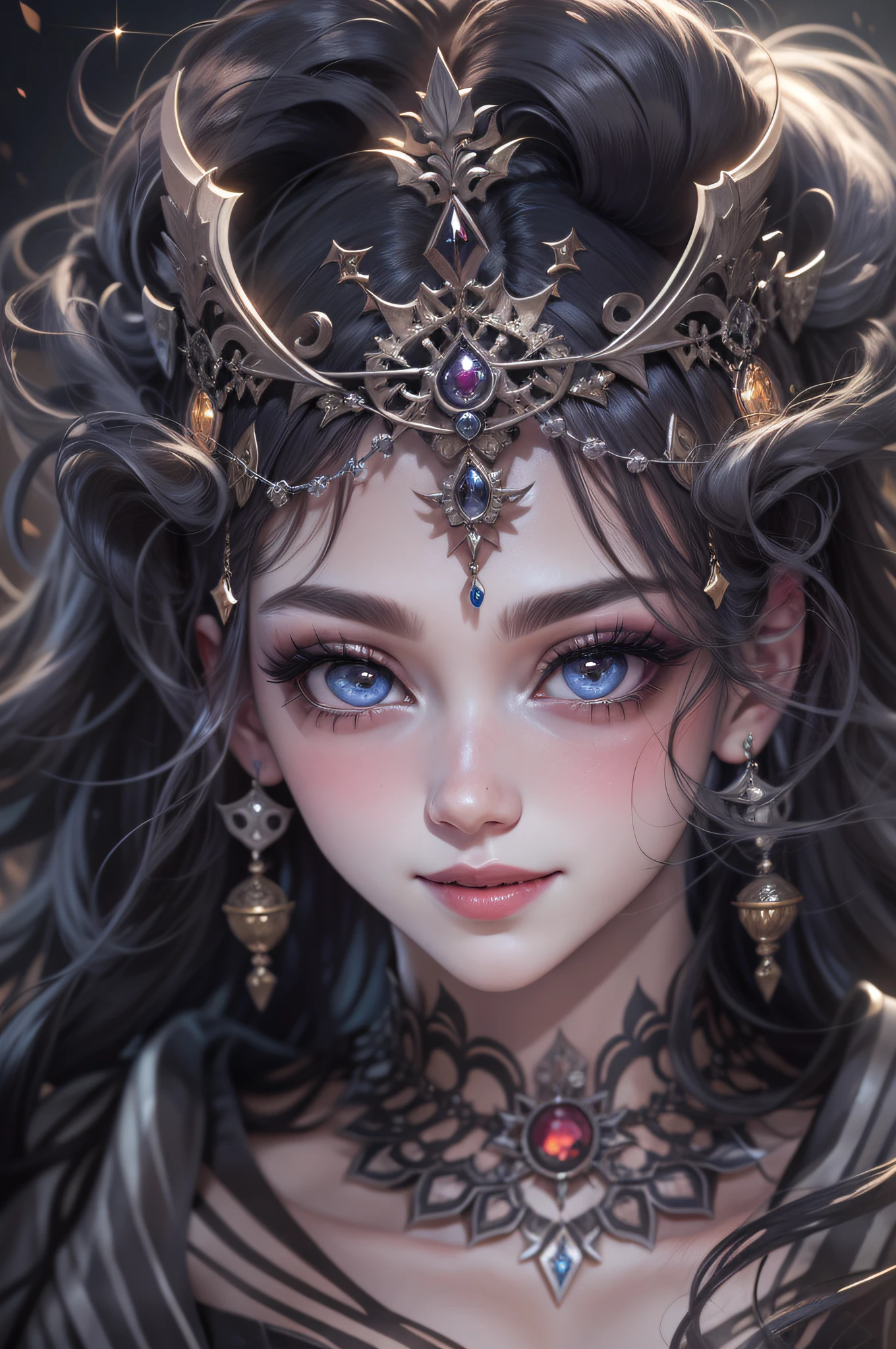 The personification of Hades in Greek mythology 、infp young woman、God of the Underworld、ruler、Strong clothes like a ruler、Live in Pluto's castle、Miss King's Tiara、has small horns、Sophisticated illustrations、Big eyes、Transparent eyes、Beautiful makeup、long eyeslashes、A smile、Smile、、Solo Photography、beatiful detailed eyes、vertical stripes　imagem 4k　超A high resolution、Overall photo
